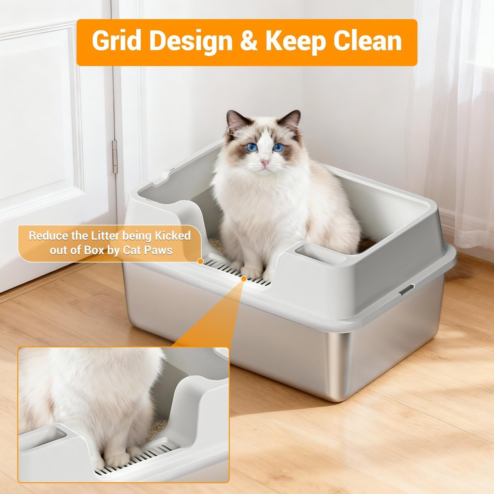 Stainless Steel Cat Litter Box Extra Large - High Sided, Non-Stick, Odor Resistant Metal Litter Pan for Multiple Cats, Big Cats & Rabbits; Anti-Urine Leakage, Easy to Clean, Non-Slip Base - image 6