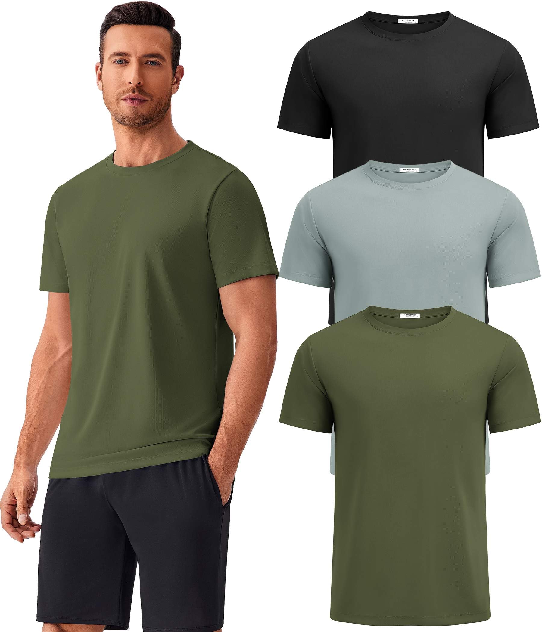 PINSPARK Men's 3 Pack Workout Shirts Quick Dry Moisture Wicking Crewneck Tee Shirt Mesh Athletic T-Shirts