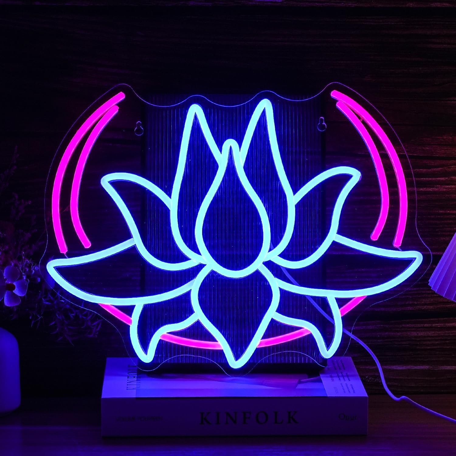 Moon Lotus Flower Neon Sign Led Blue Lotus light Up Sign for Bedroom USB Powered Moon Neon Light for Yoga Room Game Room Man Cave Wall Decor