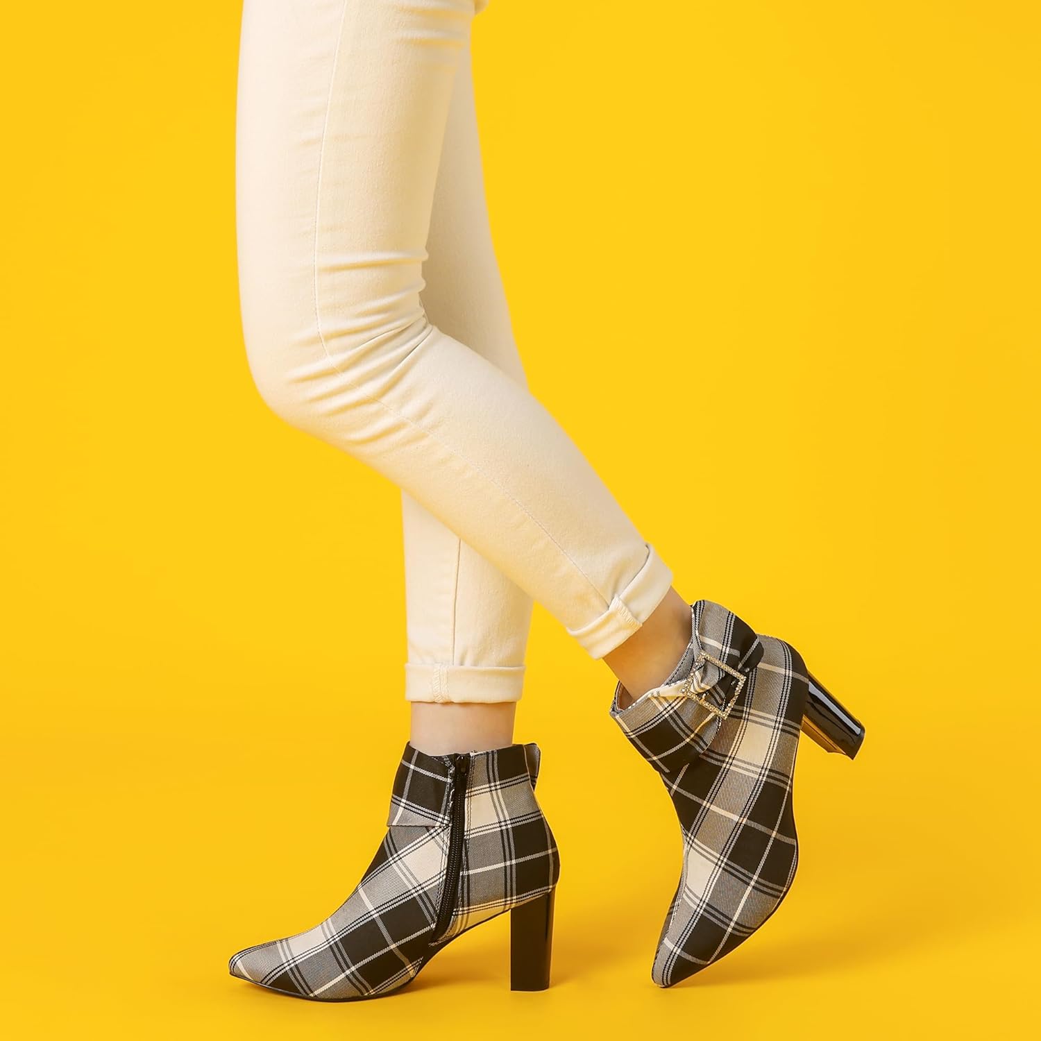 Perphy Plaid Pointy Toe Rhinestone Bow Zipper Chunky Heels Ankle Boots for Women