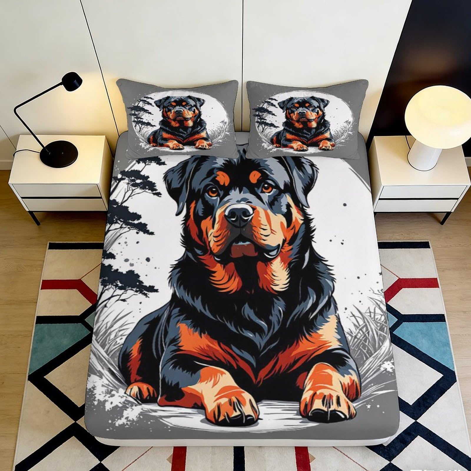 3D Printed Rottweiler Dog Fitted Sheet Microfiber Durable Soft Printed Black Orange Bed Cover for Bedroom Guest Room Dormitory Mattress Protection 180x200x25cm
