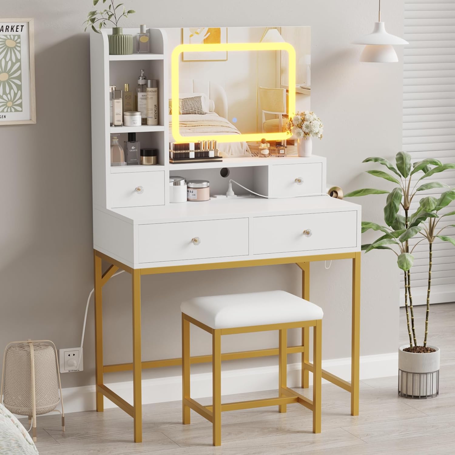 Garvee Vanity Desk and Stool with Mirror and Lights, Makeup Vanity with Charging Station, Drawers, Storage Shelves for Bedroom, White
