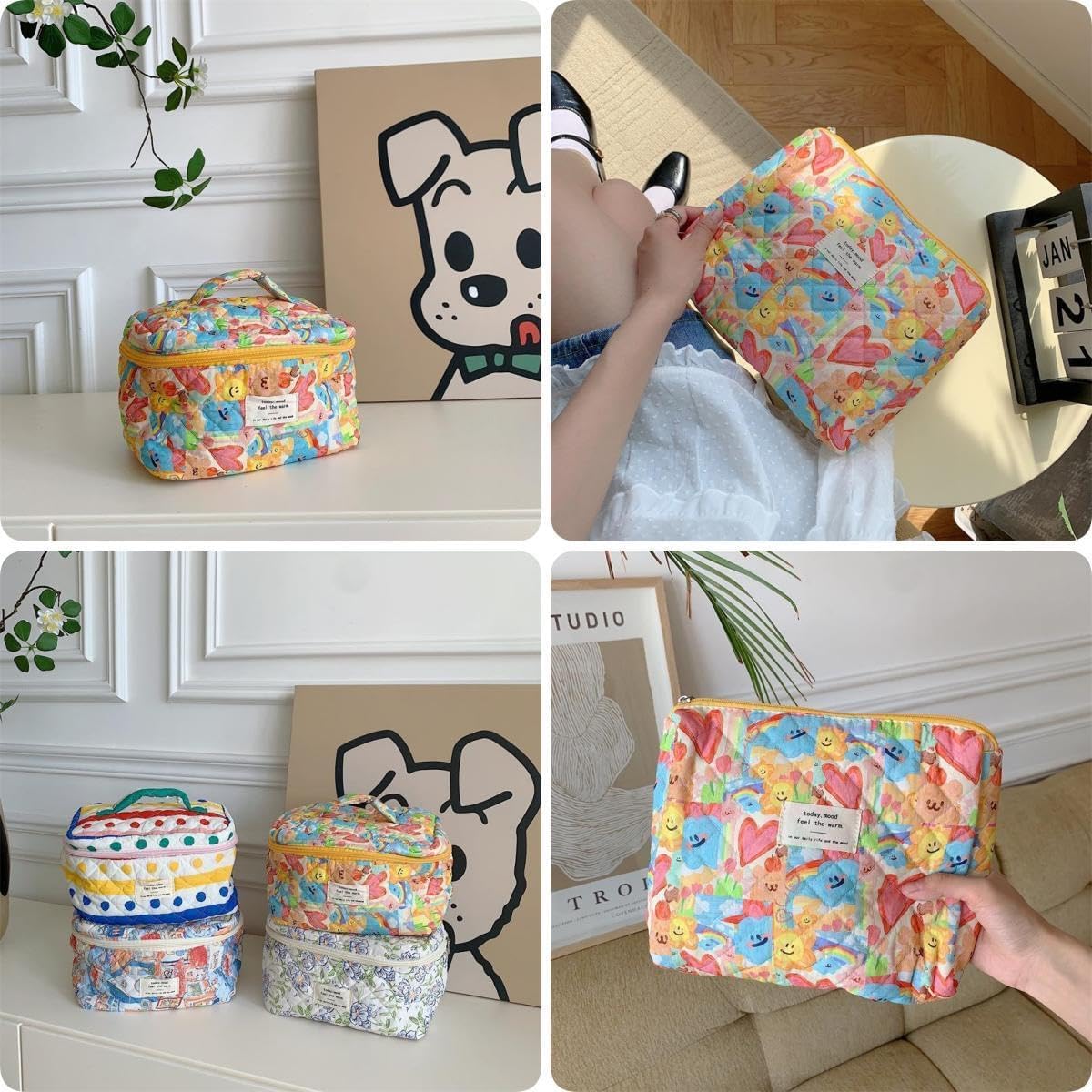 Makeup Bag Travel Essentials Quilted Cosmetic Toiletry Pouch Organizer Insert for Women Dorm Room Essential Gift Large Capacity Opening Lightweight Cute Aesthetic Portable 2PCS (Heart) - Image 3