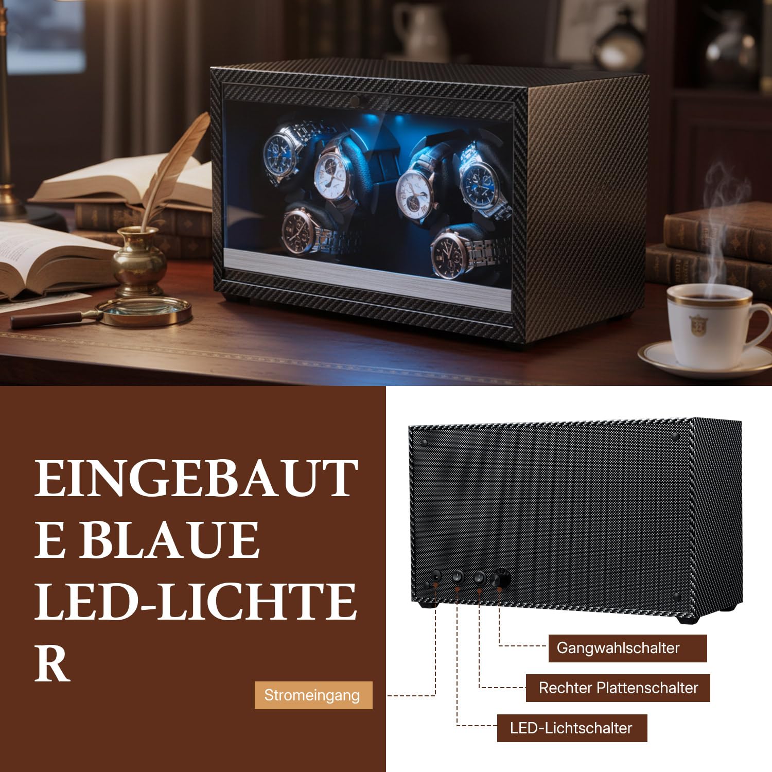 Mcbazel Automatischer Uhrenbeweger für 6 Uhren mit LED-Licht, Ultra-Leiser Motor 4 Rotationsmodi Watch Winder USB DC Betrieben, Geeignet für Uhren bis 45 mm - Carbonfaser-Muster