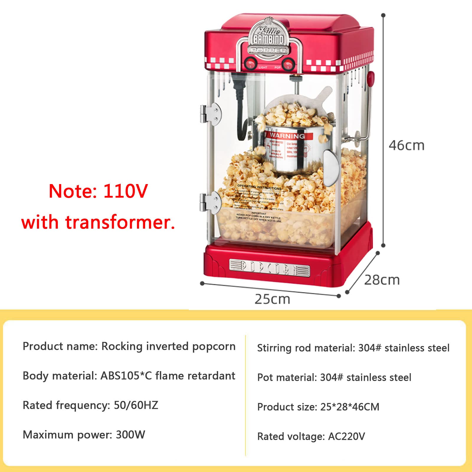 Máquina de Palomitas, Palomitero, 300W, Palomitero para el Hogar, con Revestimiento Antiadherente y Superficie de Calentamiento Extraíble, para Películas Caseras y Fiestas de Navidad, Popcorn,Rojo