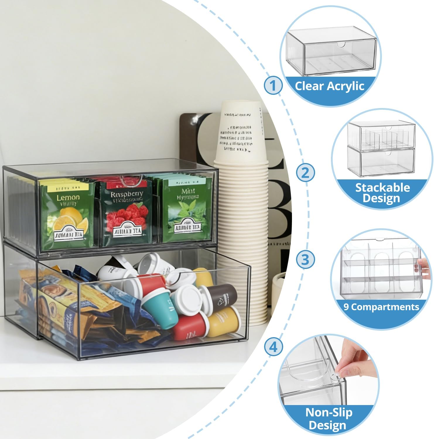 CLUQMEIK 2 Acrylic Tea and Coffee Organizer, 9 Grids Tea Bag Organizer Box and 1 Compartment Coffee Pod Storage Box, Acrylic Drawers Stackable Design Suitable for Storing Pods Creamers Sugar Packets