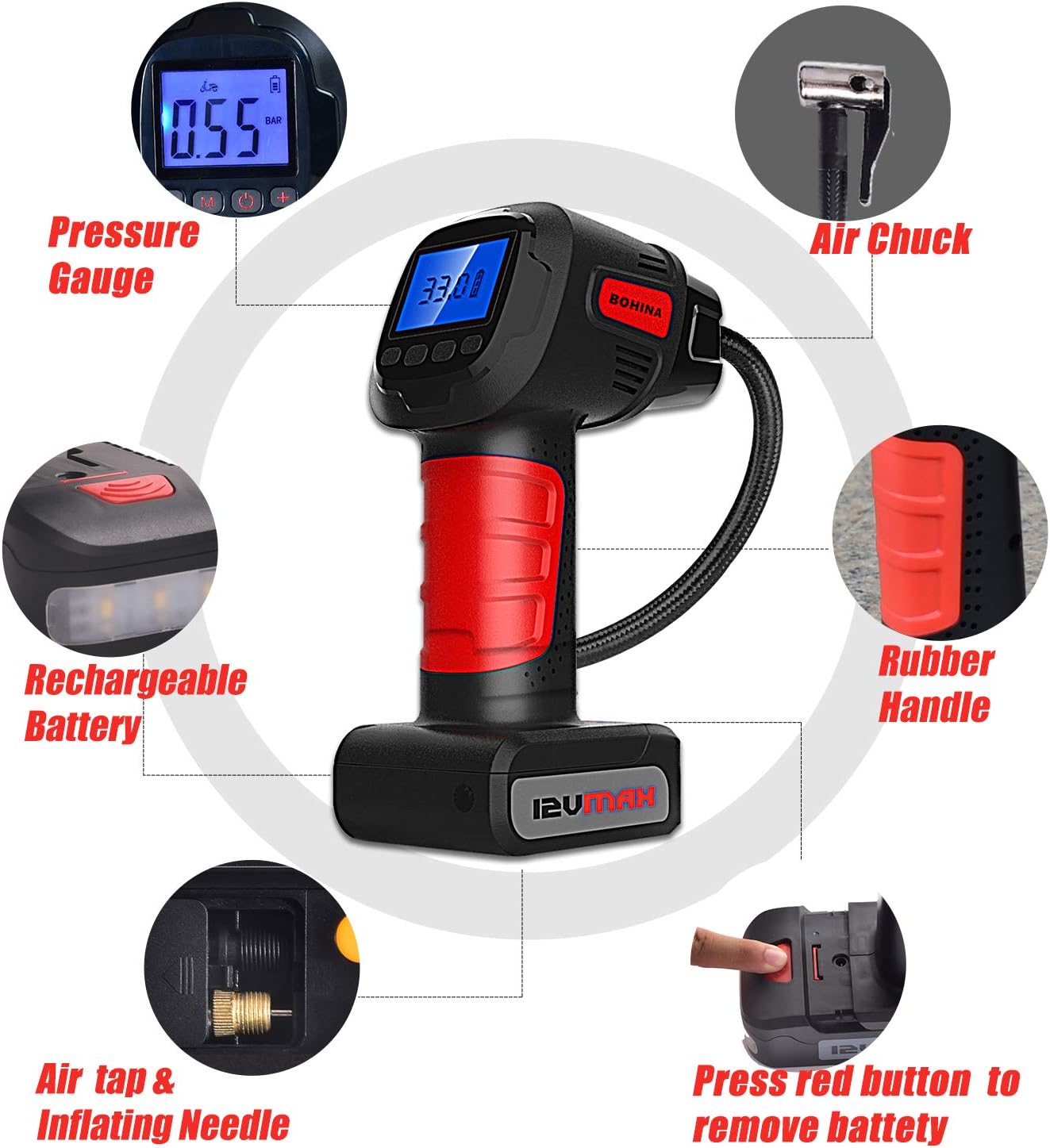 Cordless Air Compressor Portable Tire Inflator Pump with Digital LED lights and 2000mah Rechargeable Li-ion,suitable for Car,Bicycle,Air Mattress,Inflatable Airbed