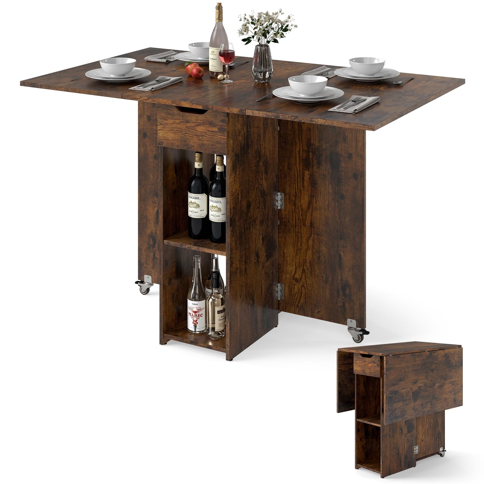 LIFEZEAL Tavolo da pranzo pieghevole con 1 cassetto e 2 ripiani, tavolo allungabile in legno con 2 ruote, 4-6 persone, sala da pranzo, soggiorno, cucina, max 65/70 kg (marrone, 120 x 72 x 75 cm)