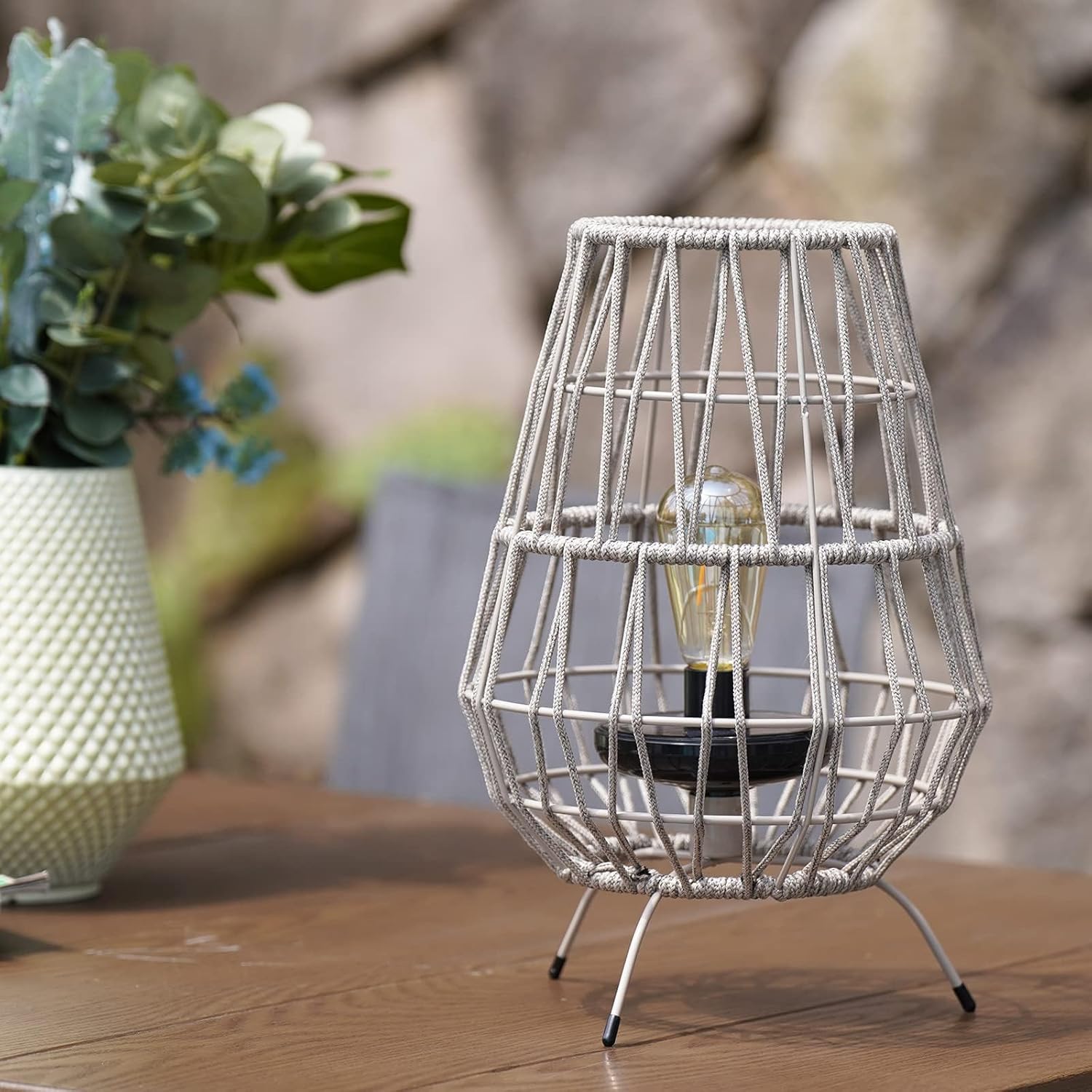 Solar Yard Decorative Solar Outdoor Tabletop Lights - 2 Pack, 15-inch Patio, Porch, and Garden Decor with LED Edison Bulbs in Water Resistant Resin & Polyester Cord Woven Design - Taupe Brown