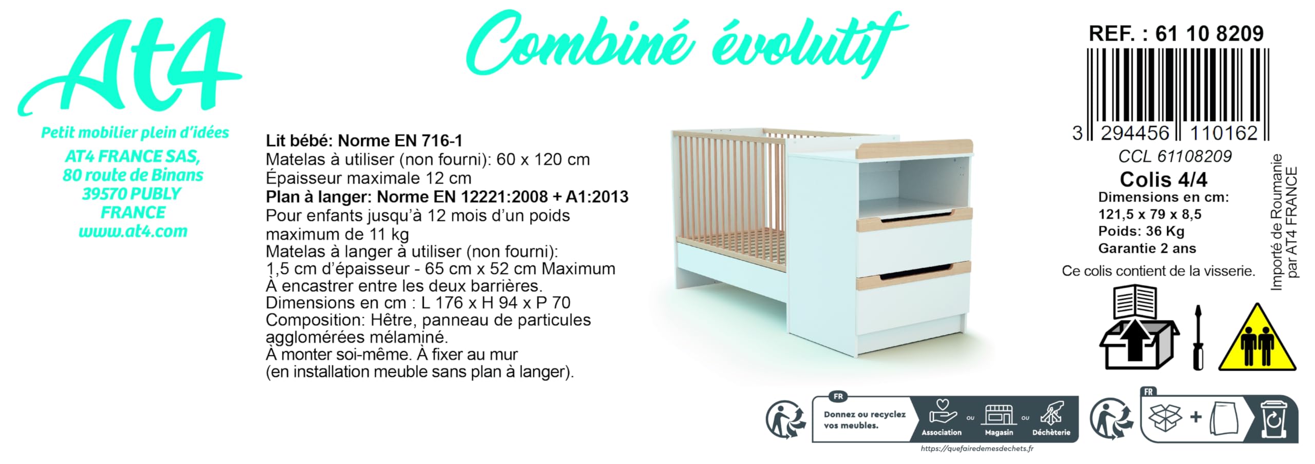 Jurababy - Lit Combiné Evolutif CARROUSEL Blanc et Hêtre Verni 60 x 120 cm