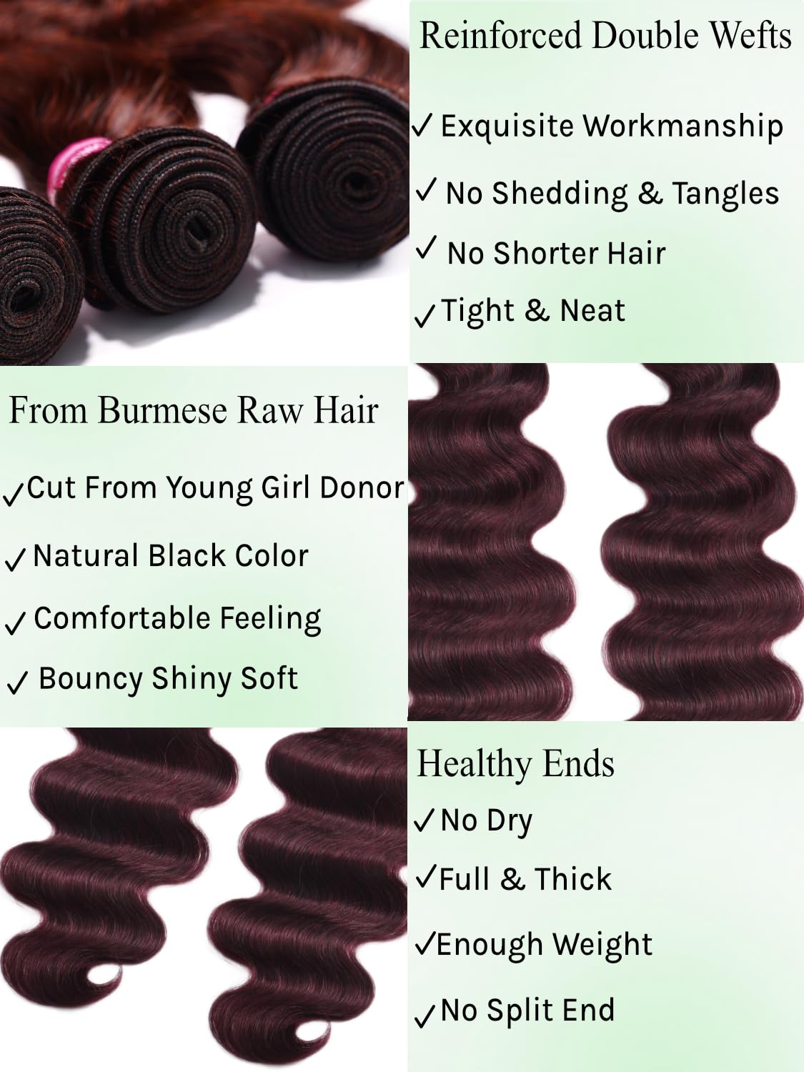 KLAIYI Black Cherry Body Wave Bundles Human Hair Weaves Unprocessed Real Virgin Hair Sew In Extensions 3 Bundles of 22 24 26Inch, Dark Burgundy Wine Red Colored 12A Loose Wave Double Wefts for Women
