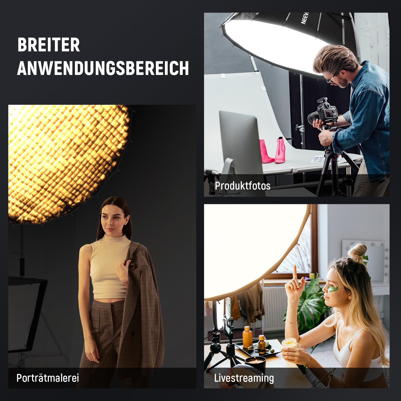 NEEWER 47,2Zoll/120cm Parabolic Softbox Quick Setup Quick Folding, mit Diffusoren/Wabengitter/Tasche, kompatibel mit Aputure 120d Light Dome Godox sl60w NEEWER RGB CB60 und Anderen Bowens Mount Lights