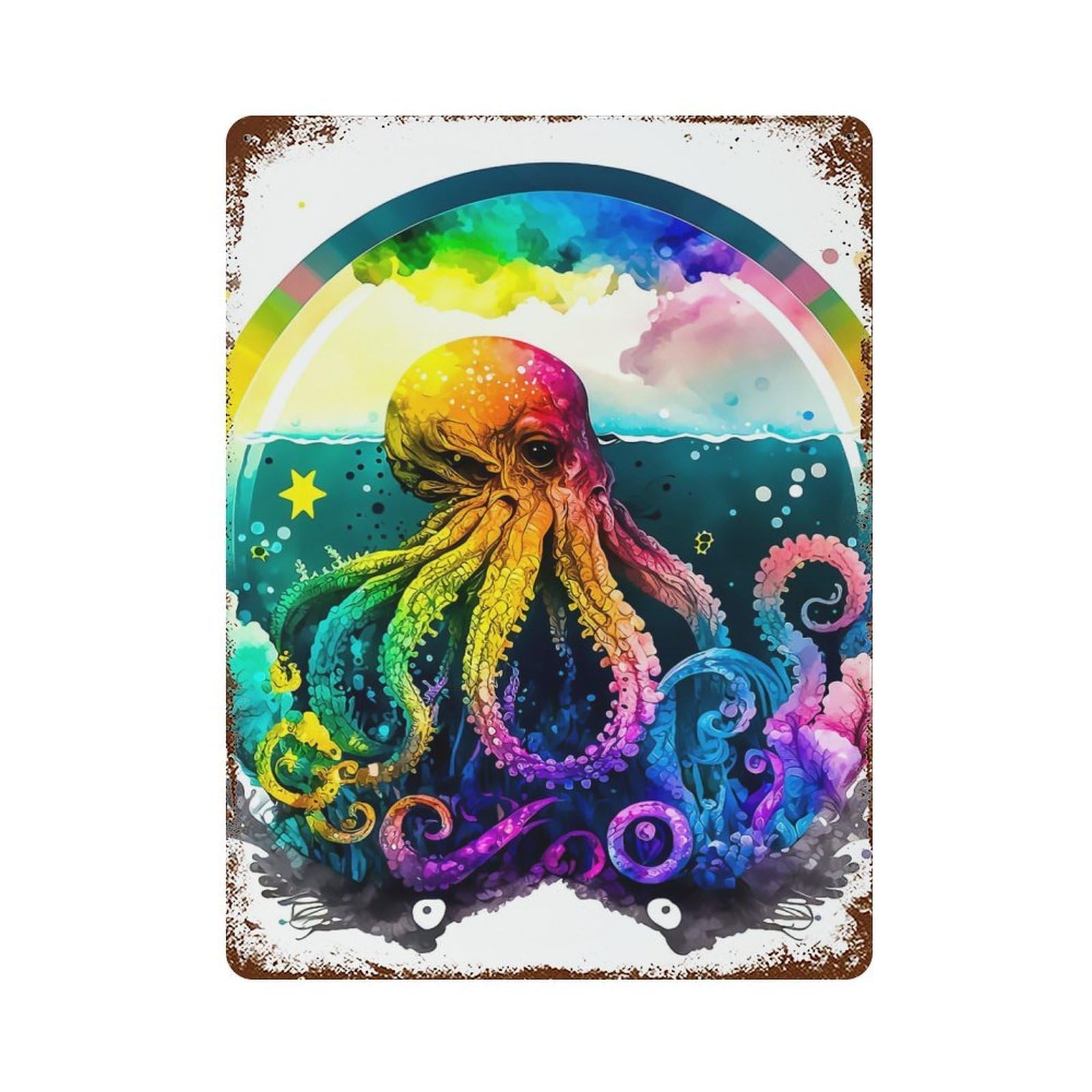 Garage Style Octopus Aged Metal Wall Plaque 15.7"x11.8", Vintage Wall Decor for Bar And Workshop
