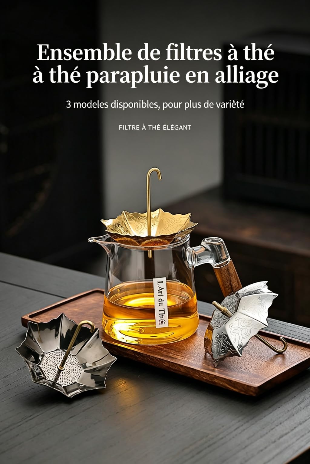 Accesorio de filtración de té en forma de paraguas - Pasapapero de té de acero inoxidable 304 con asas aislantes - Apto para tazas, teteras y escritorios - Modelo dorado ([oro] + soporte)
