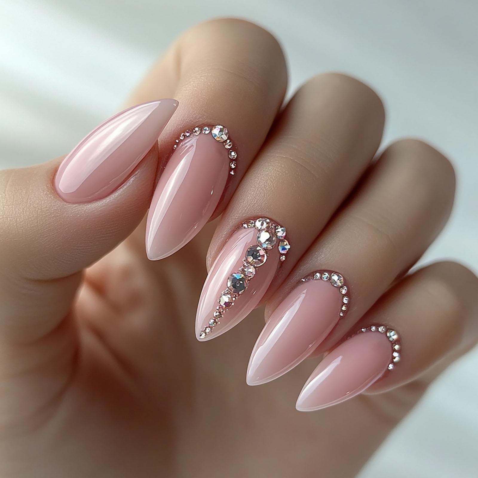 Medium Press on Nails Almond False Nails Pink Fake Nails with Rhinestones Designs Stick on Nails Full Cover Glue on Nails Glossy Artificial Nails for