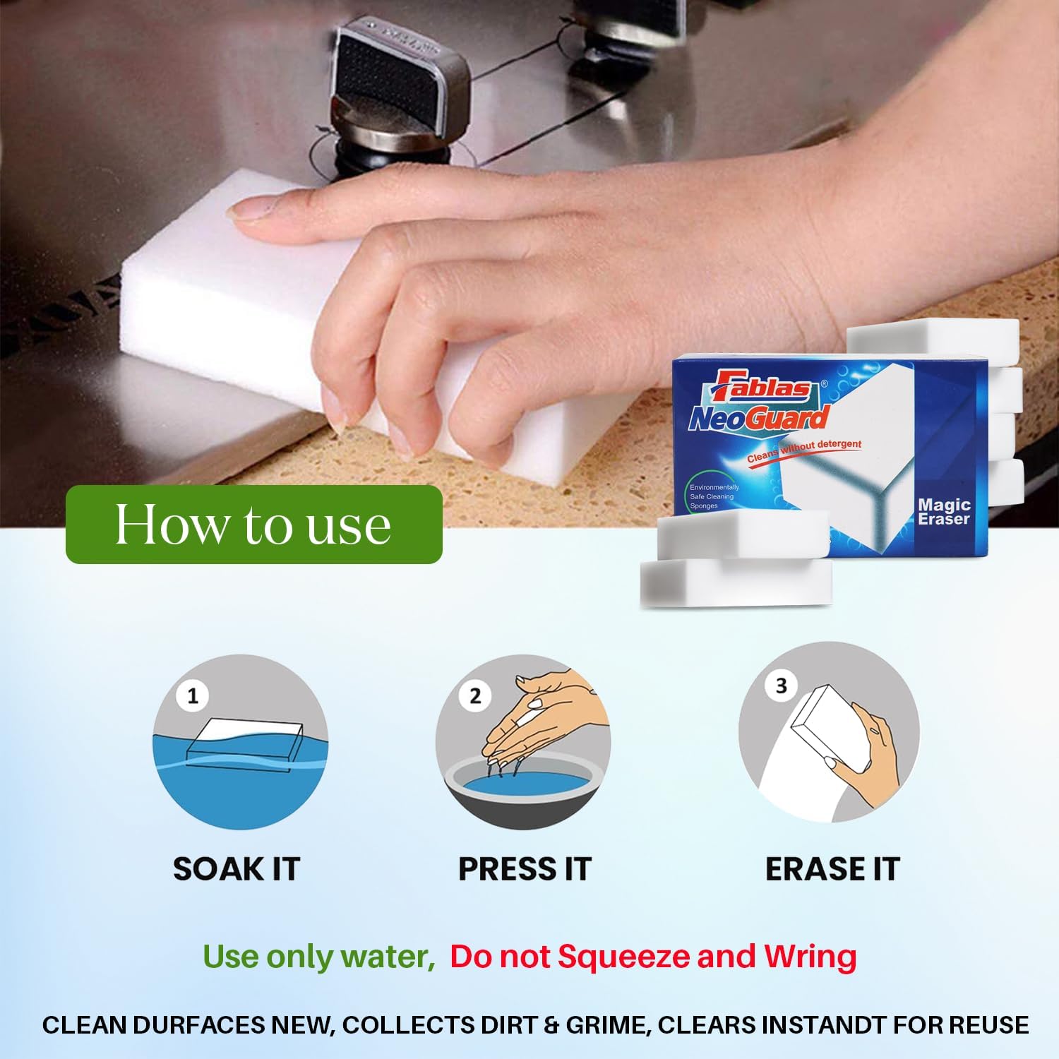 Fablas Neo Guard Melamine Magic Eraser | Chemical Free Multipurpose Nano-tech Magic Foam | Home, Kitchen, Bathroom Taps, Wall Glass Stains, Sneakers Cleaning Sponge (Pack of 18)