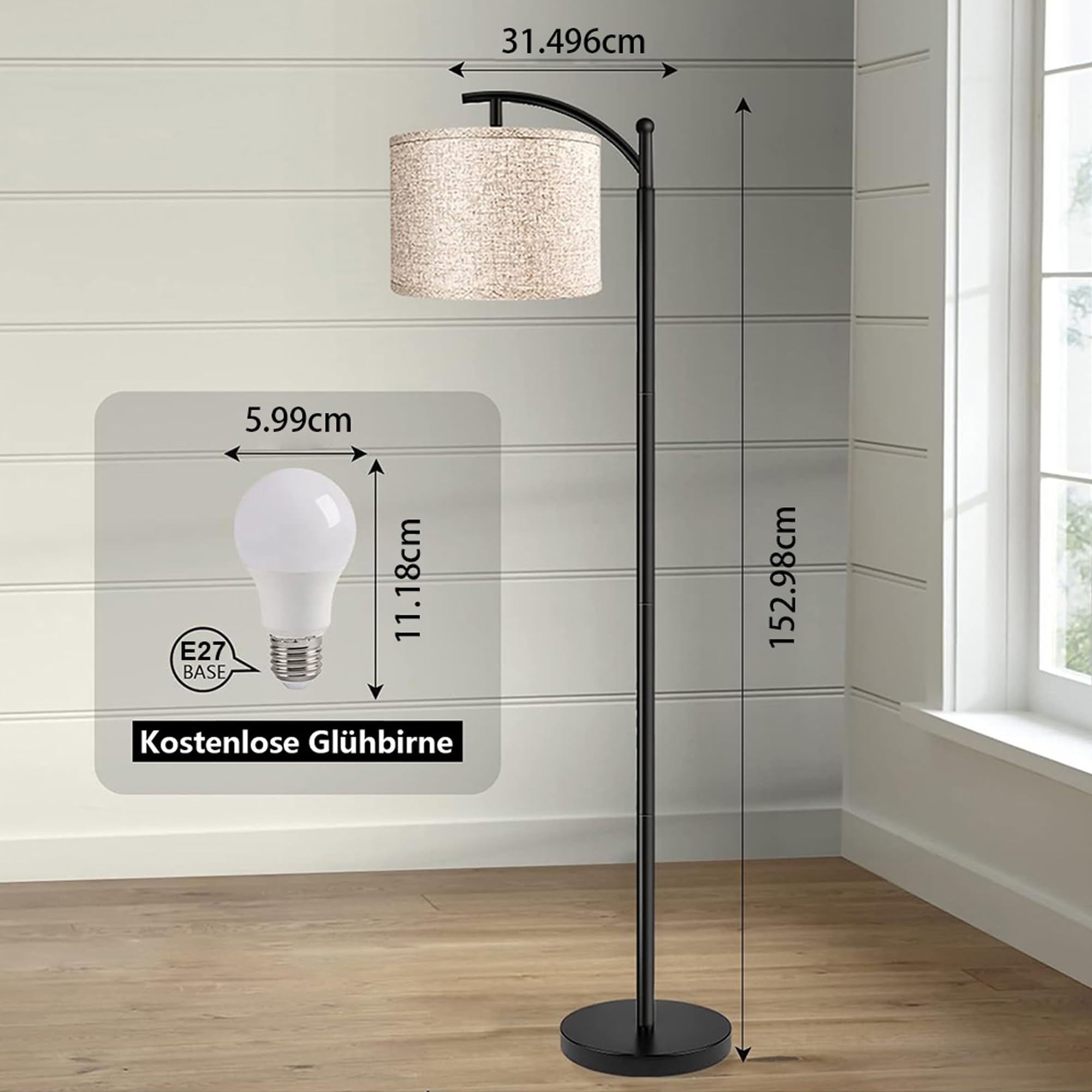 ROTTOGOON Stehlampe für Wohnzimmer mit 3 Farbtemperaturen LED Glühbirne Stehlampen Hoch Industrielle Stehlampe Lesen für Schlafzimmer Büro (9W LED-Glühbirne Beige Lampenschirm enthalten) Schwarz