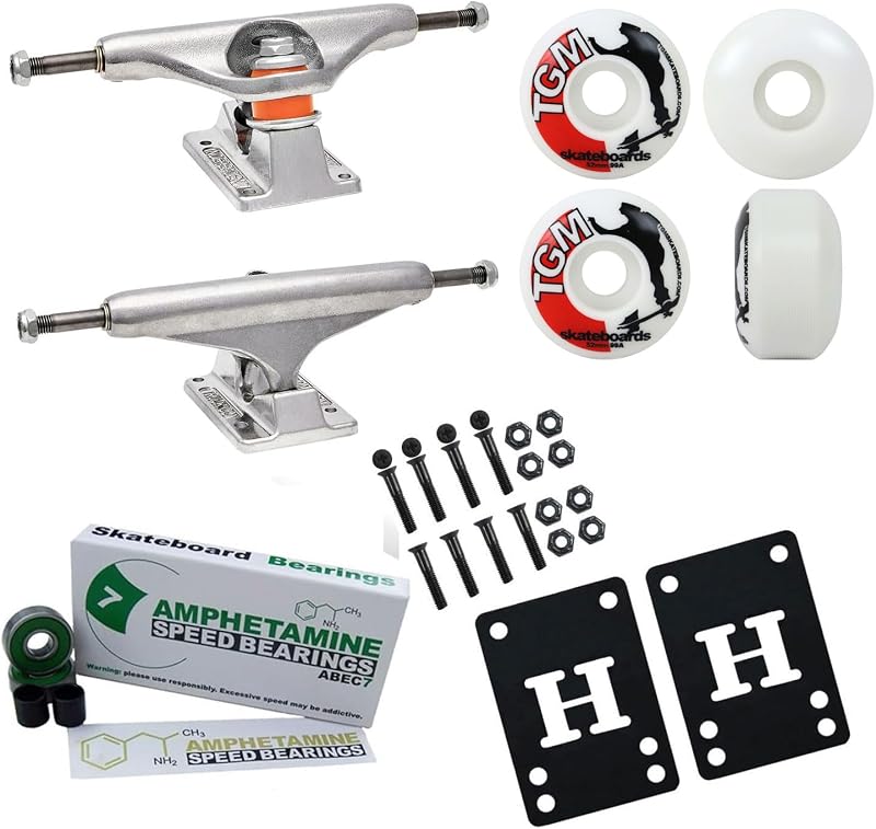 Skateboard Trucks and Wheels Package - Includes 129 Standard Stage 11 Trucks, 52mm TGM Logo White Wheels, ABEC 7 Beraings, Risers, and Mounting Hardware