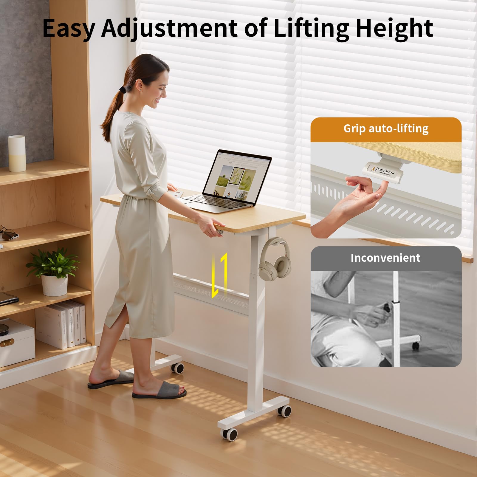WALKINGDESK Bureau Mobile Réglable en Hauteur, 80 × 40 cm, Table de Lit avec roulettes Portable, Pneumatique Table Roulante Mobile pour Canapé, Lecture ou Travail, Chêne