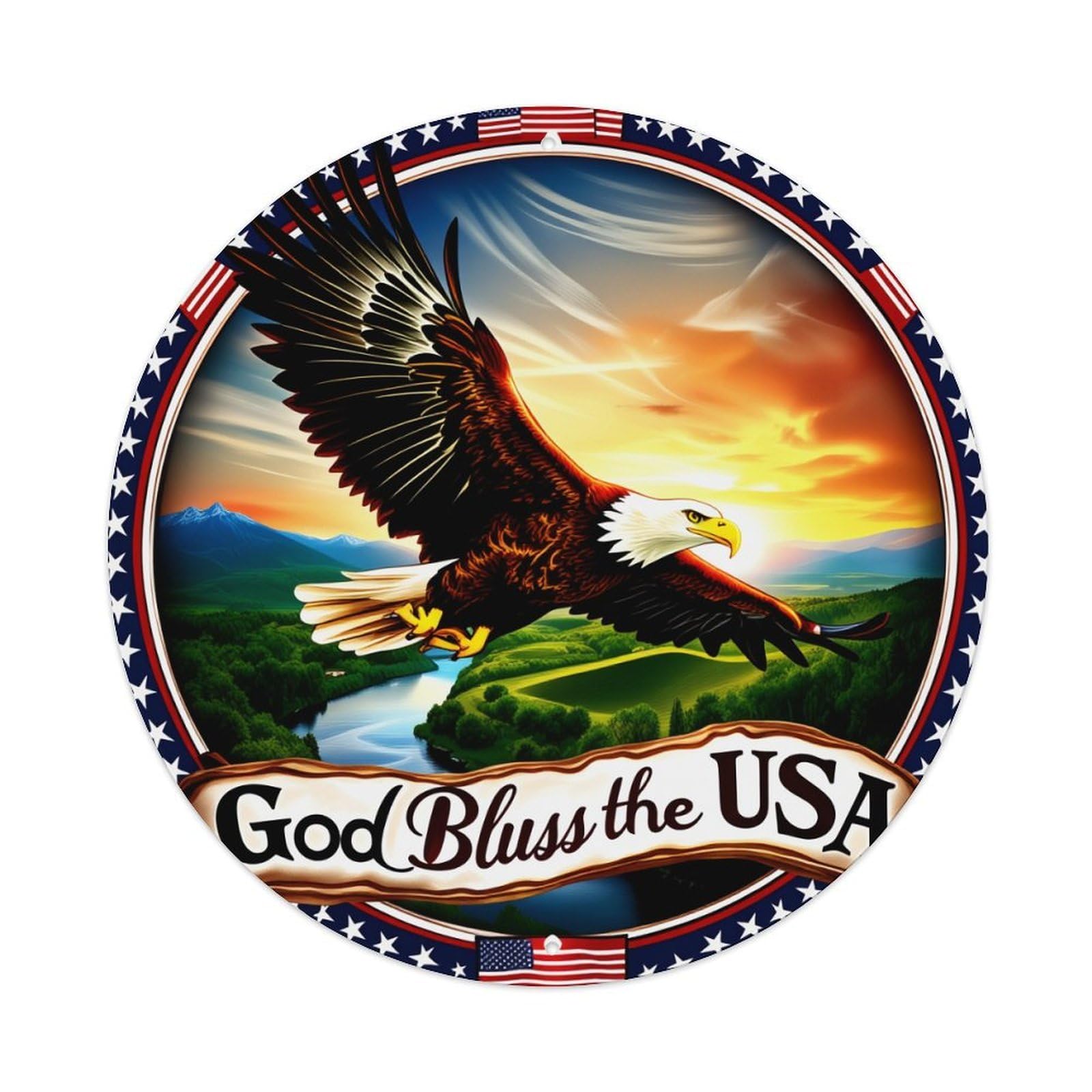 Eagle Soaring Over Landscape Round Tin Sign Vintage Metal Poster, Home Bar Garage Man Cave Cafe Indoor & Outdoor Wall Decoration 8x8Inches