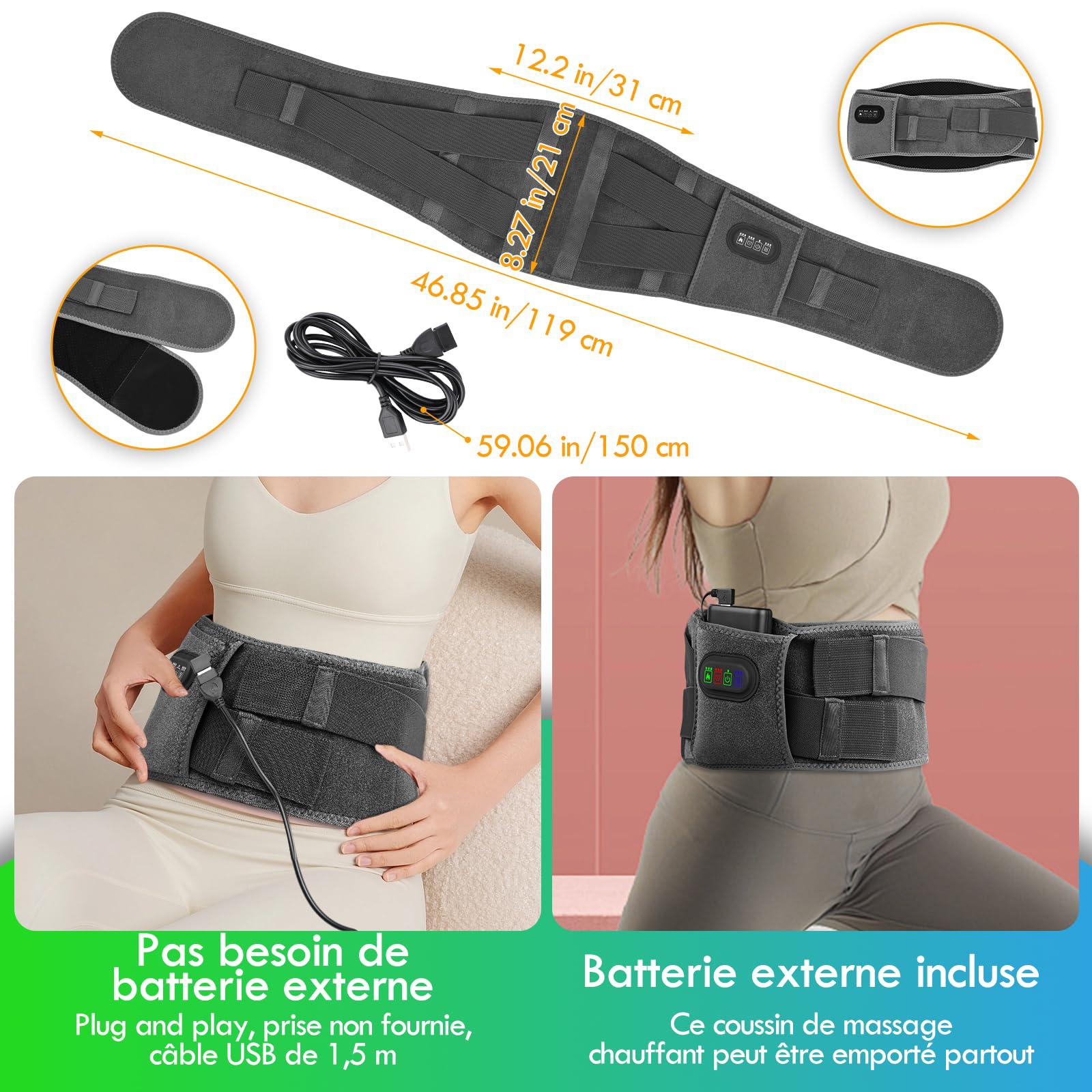 Ceinture Lombaire Chauffante, 16000mAh Batterie Coussin Chauffant Electrique pour La Taille Sans Fil, Ceinture Massante Chauffante avec 3 Modes De Massage et 3 Niveaux de Température,Timer (Gris)