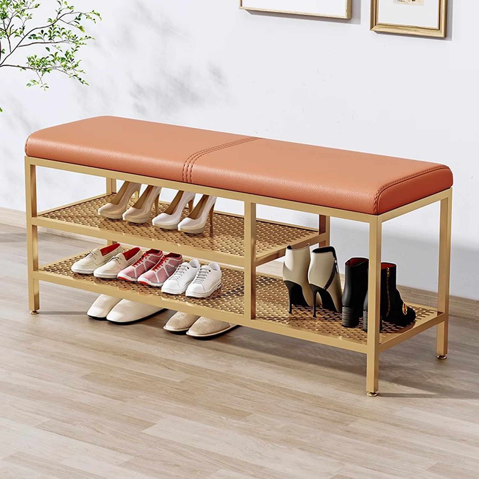 MSHGSKU Gold Metal Frame 3 Tier Shoe Rack Bench Upholstered Entryway Storage Ottoman Stylish Hallway & Bedroom nizer Modern Footwear Display with Comfortable Seating
