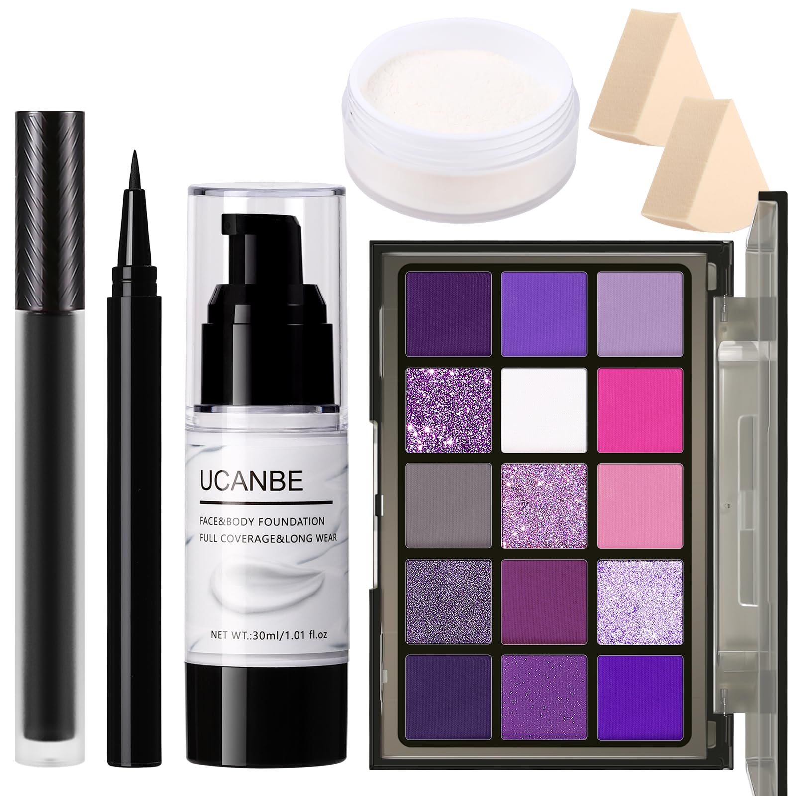 UCANBE Halloween Lila Make up Set Gesichtsfarbe Weiß | mit Lidschattenpalette, Weißer Foundation, Flüssigkeit, Eyeliner, Fixierpuder, Schwämmen