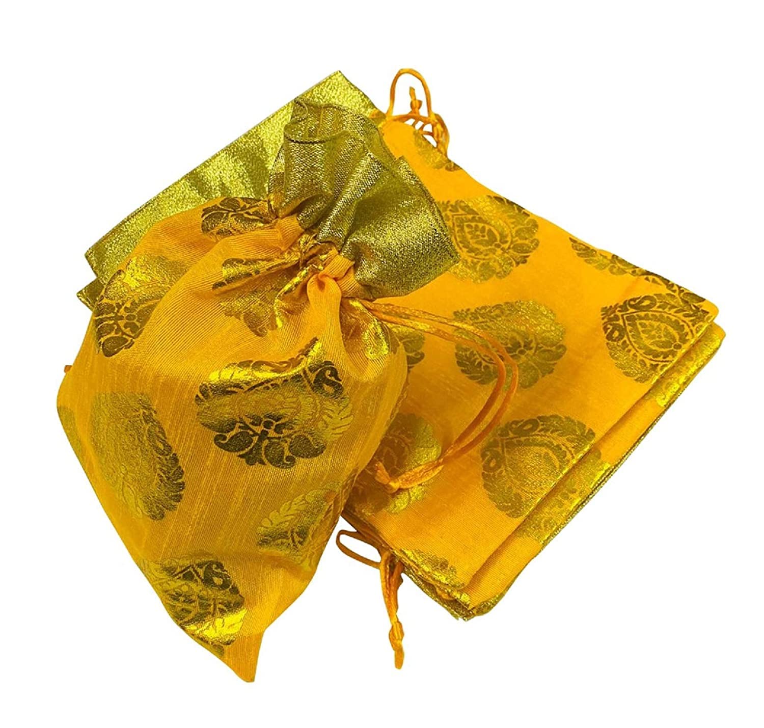 KRIWIN Pack of 25, 9 X 7 inch Medium Size Printed Silk Gift Bags/Potli/Pouches (Yellow)-image-18