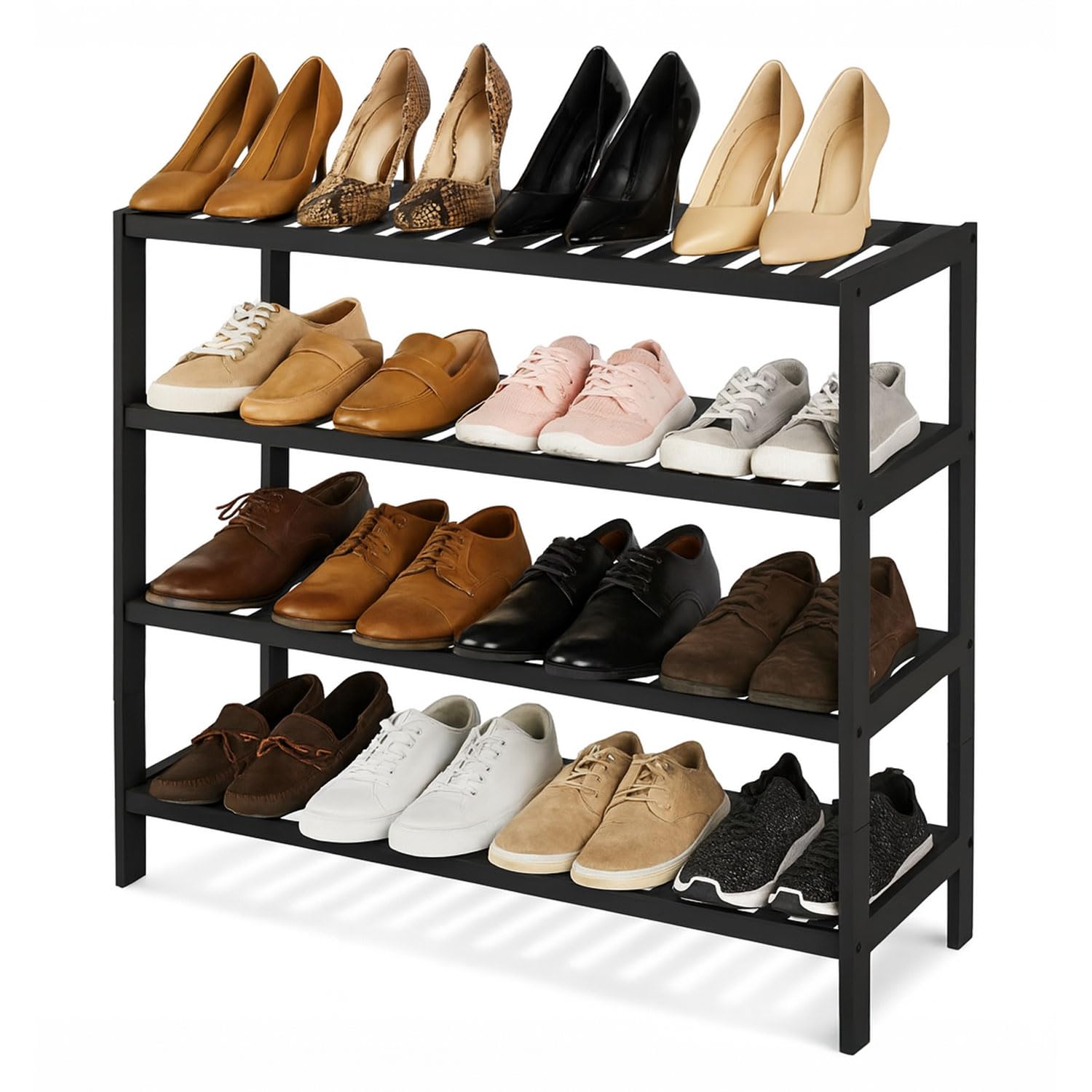 Neo 4-Tier Bamboo Shoe Rack Wooden Shoe Storage Organiser Shelf for Hallway, Entrance Living Room 67 x 70 x 25cm (Black)