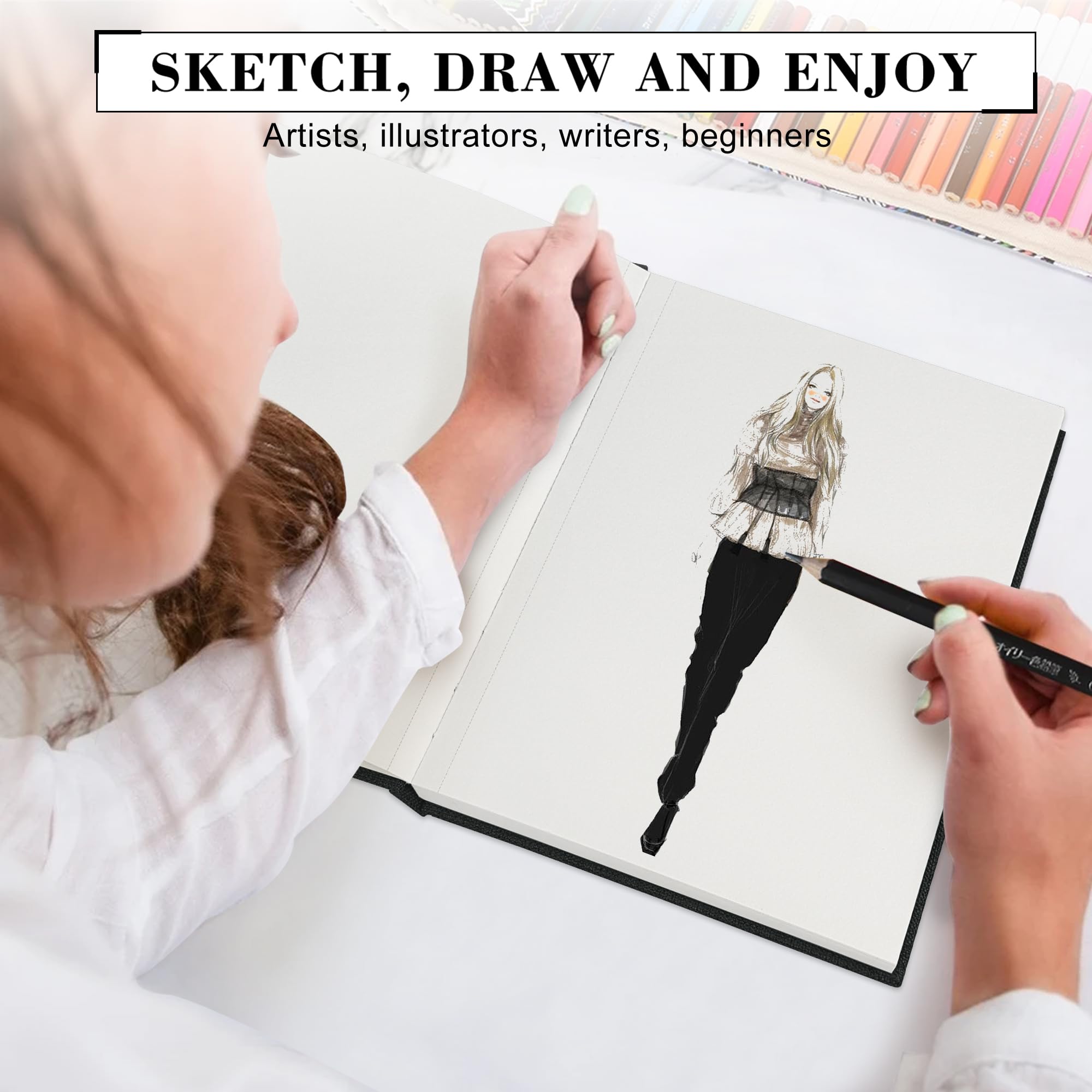 KINSPORY Cuaderno de Bocetos en Tela con Tapa Dura, Bloc de Dibujo, 50 Hojas) Papel de Boceto Perforado Profesional 150 g/m², Bloc de Dibujo de Viaje para Artistas, Adultos (negro, A5 (50 Hojas))