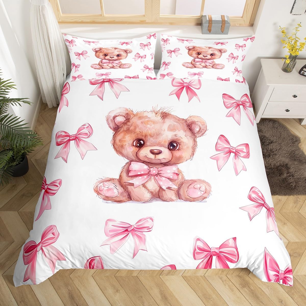Erosebridal Cute Kawaii Bear Duvet Cover Queen Kawaii Dreamy Bow Bedding Set for Girls,Pink Romantic Princess Bowknot Comforter Cover for Kids Teen Women,Cartoon Jungle Animal Bed Set