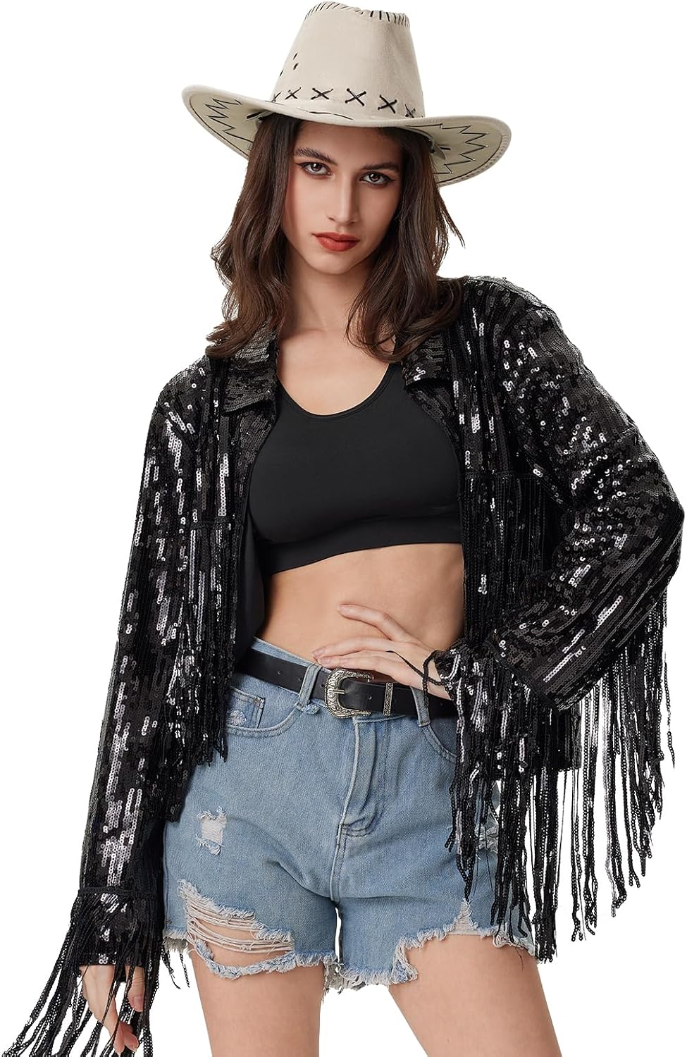 MISI CHAO Sequin Fringe Jacket Shiny Disco Cowgirl Outfit Theme Y2K 90s Streetwear Jacket Glitter Tassel Coat - Image 4