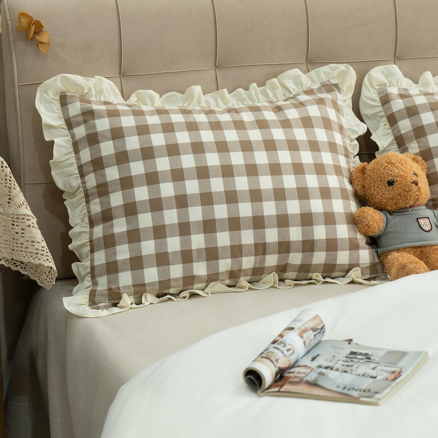 Pillow Shams Set of 2 Yarn-Dyed Pure Cotton Retro Ruffle Flounces Trim Brown Check Decorative Pillow Cases for Home Bedroom Decor King 20x36 Inch