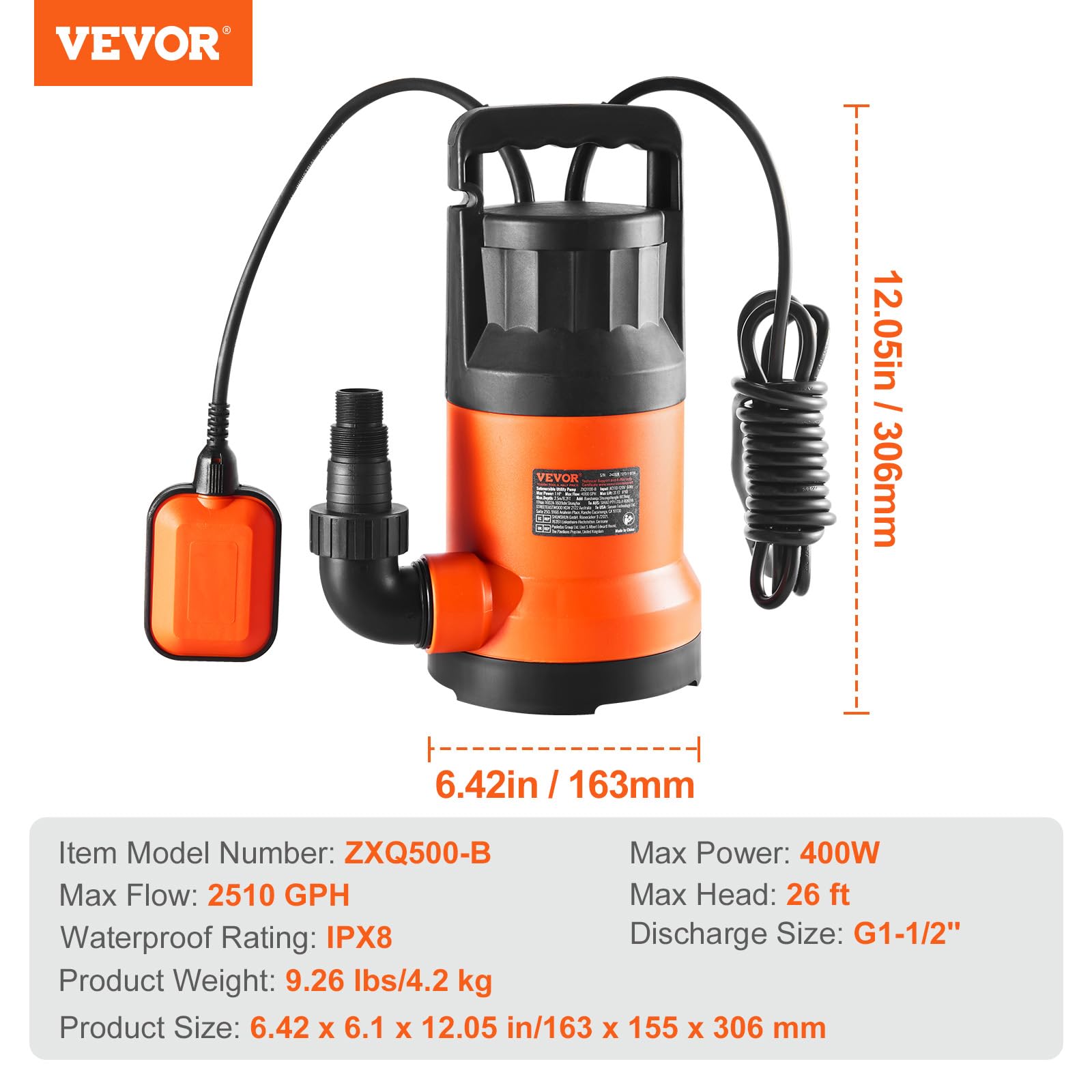 VEVOR Bomba Utilitaria Sumergible, 400 W, 9500 L/H de Alto Flujo, Cabezal de 7,9 m, Bomba Sumergible de Sumidero con Cable de Alimentación Largo para Drenar Agua de Piscina, Jardín, Estanque, Sótano