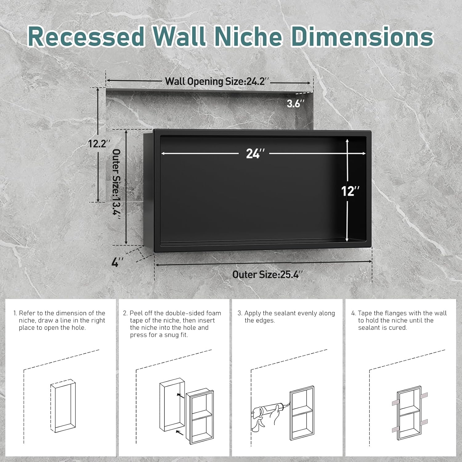 Shower Niche No Tile Needed, 12" X 24"(Outside Size 13.4"X25.4") Bathroom Niche for Shower Wall, Black Stainless Steel Wall Cabinet Insert for Bathroom, Recessed 2-Tier Shelf