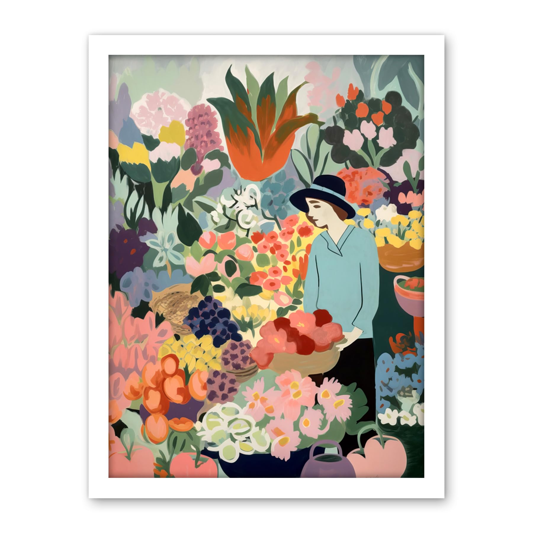 Artery8 Danish Pastel Aesthetic Flower Market Watercolour Painting Woman Bouquet Artwork Framed Wall Art Print 18X24 Inch