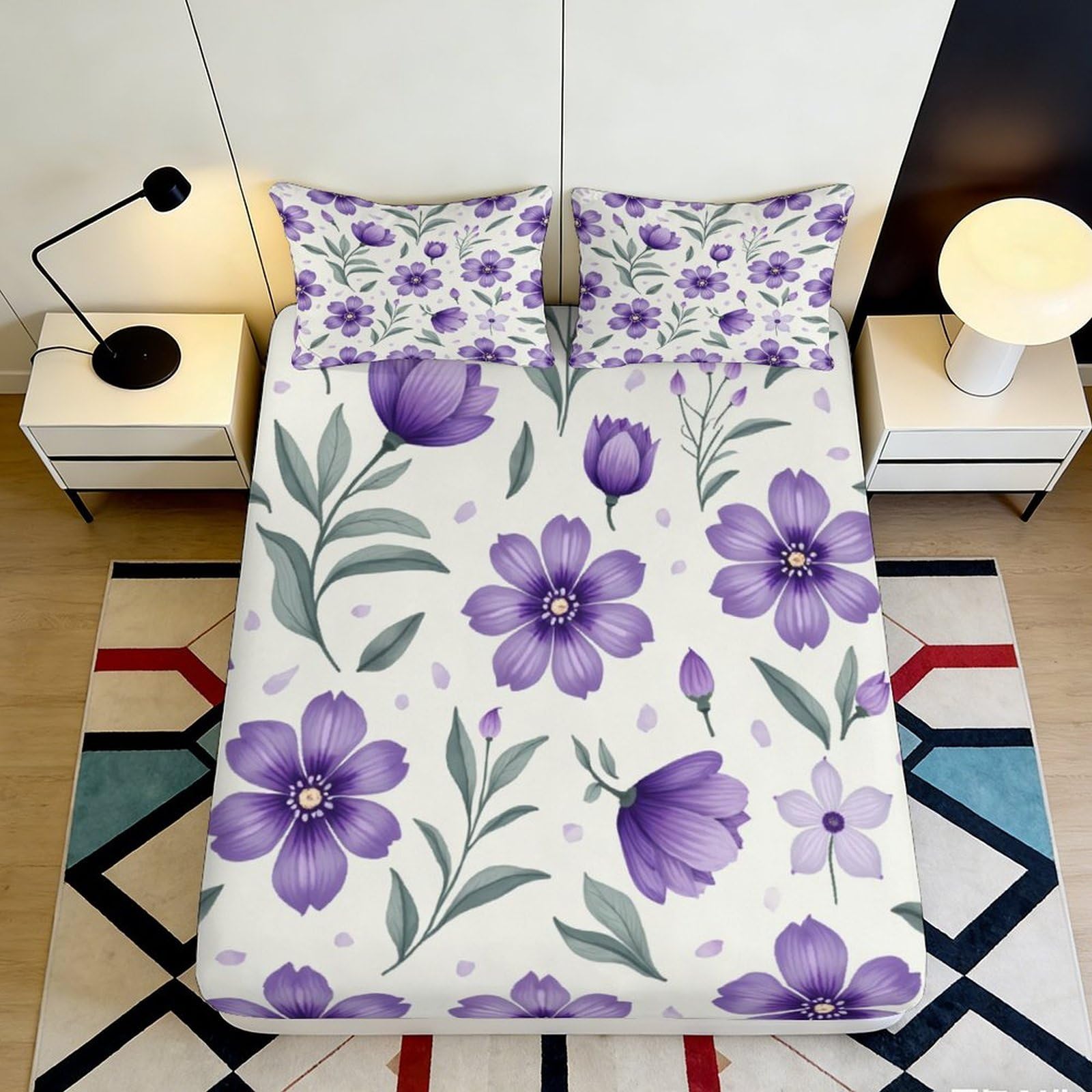 3D Printed Purple Floral Fitted Sheet Microfiber Soft Breathable Lavender Pattern Bed Cover for Bedroom Dormitory Guest Room Mattress Protection 120x200x25cm