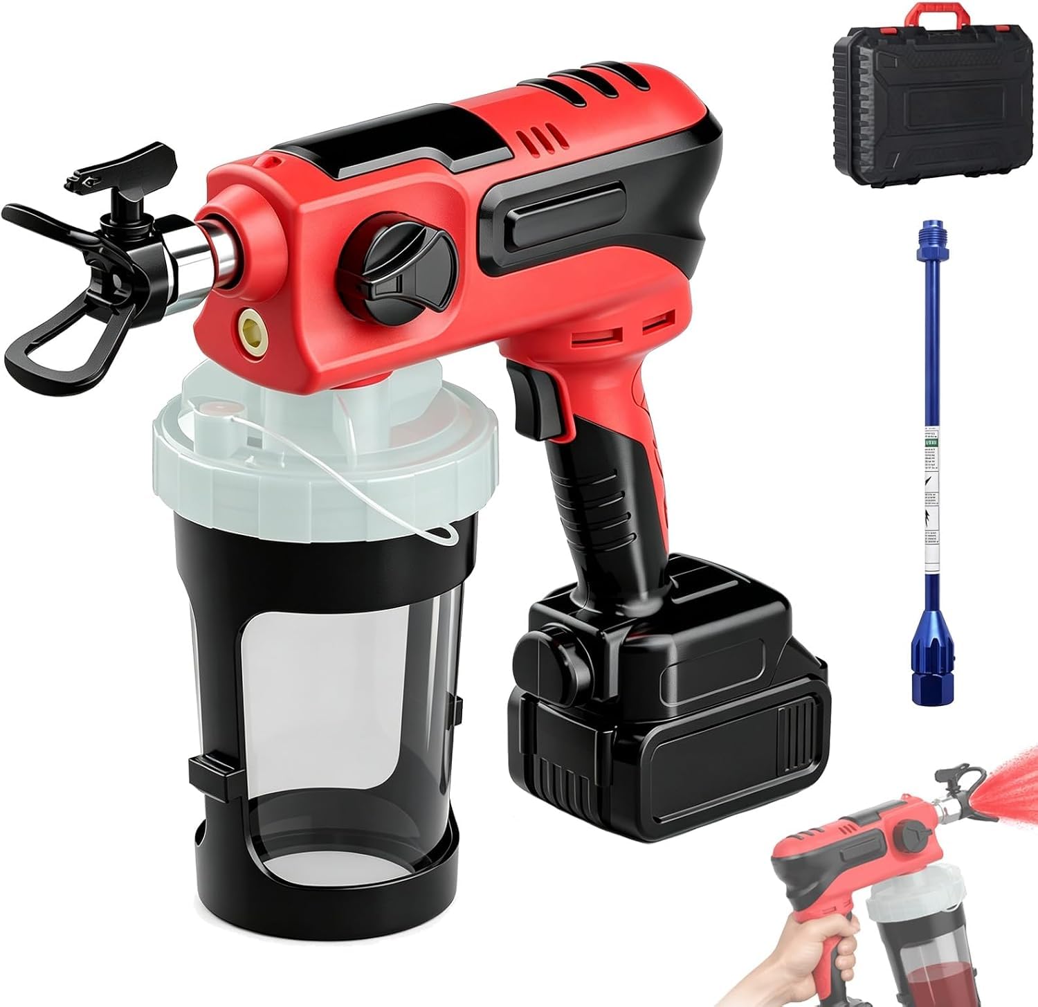 Bezprzewodowy pistolet natryskowy do farb 450 W z akumulatorem 21 V, zbiornikiem 1500 ml, regulowanym kątem, drążkiem przedłużającym, do ścian, drzwi i ogrodzeń