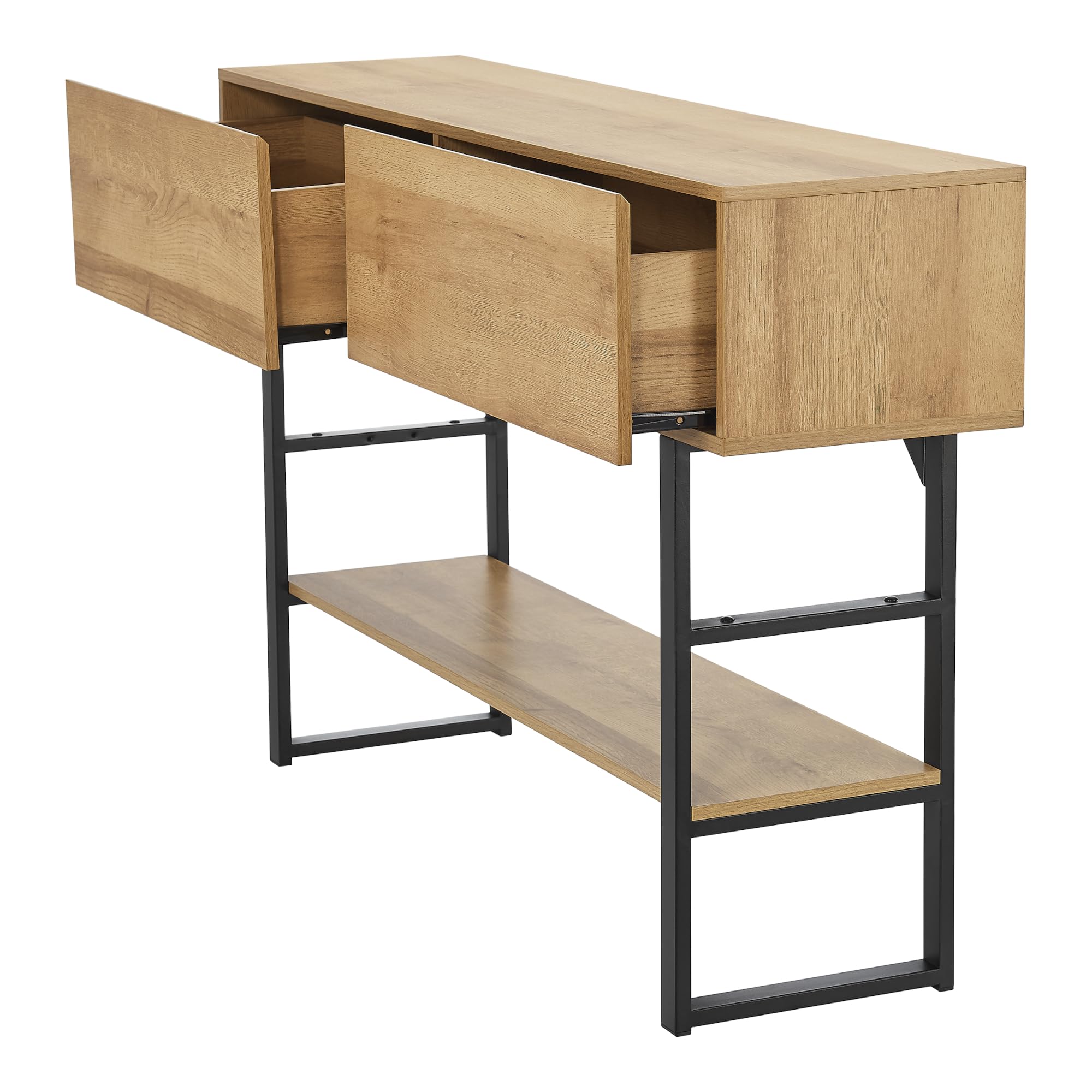 [en.casa] Table Console /d'Appoint Rectangulaire Design Industriel pour Salon Entrée Couloir avec 2 Tiroirs et Surface de Rangement Métal Panneau de Particules 75 x 120 x 30 cm Noir Effet Chêne