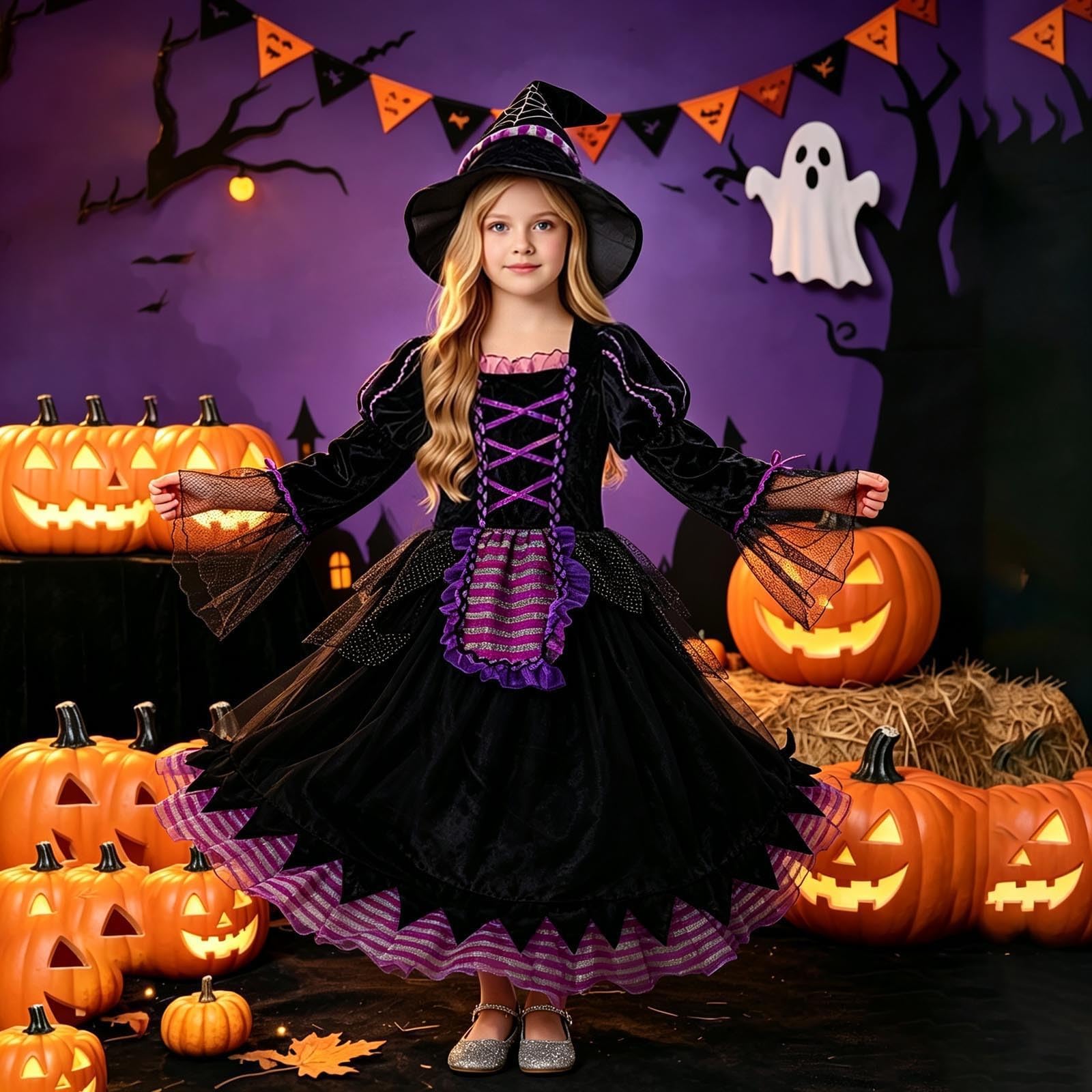 Hexen Kostüm Kinder Halloween Kostüm Mädchen Halloween Kinder Hexen Zauberer PartyzubehöR Set Kleid Mädchen Karneval Fasching Cosplay Kostüme Perfekt Für Faschingsparty Und Rollenspiel