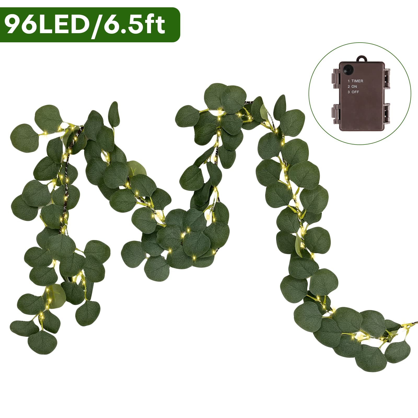Guirnalda de luces decorativas de 1,8 m, 96 luces LED, guirnalda de eucalipto, luces LED de vid, funciona con pilas, con temporizador para chimenea, boda, fiesta, vacaciones, interiores y exteriores