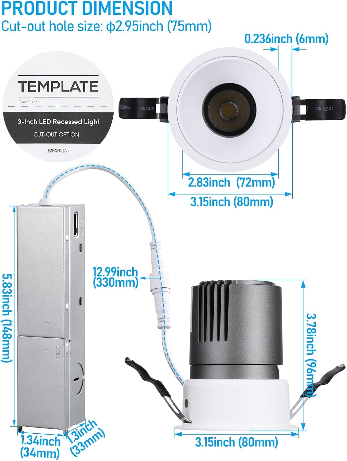 TORCHSTAR 3 Inch 5CCT Anti Glare LED Recessed Lights with J-Box, Deep Recessed Zero Glare Canless Downlight, Ultra-Slim Trim Gimbal Ceiling Light, 2700-5000K, Ultra Narrow Frame, ETL FCC, Pack of 6
