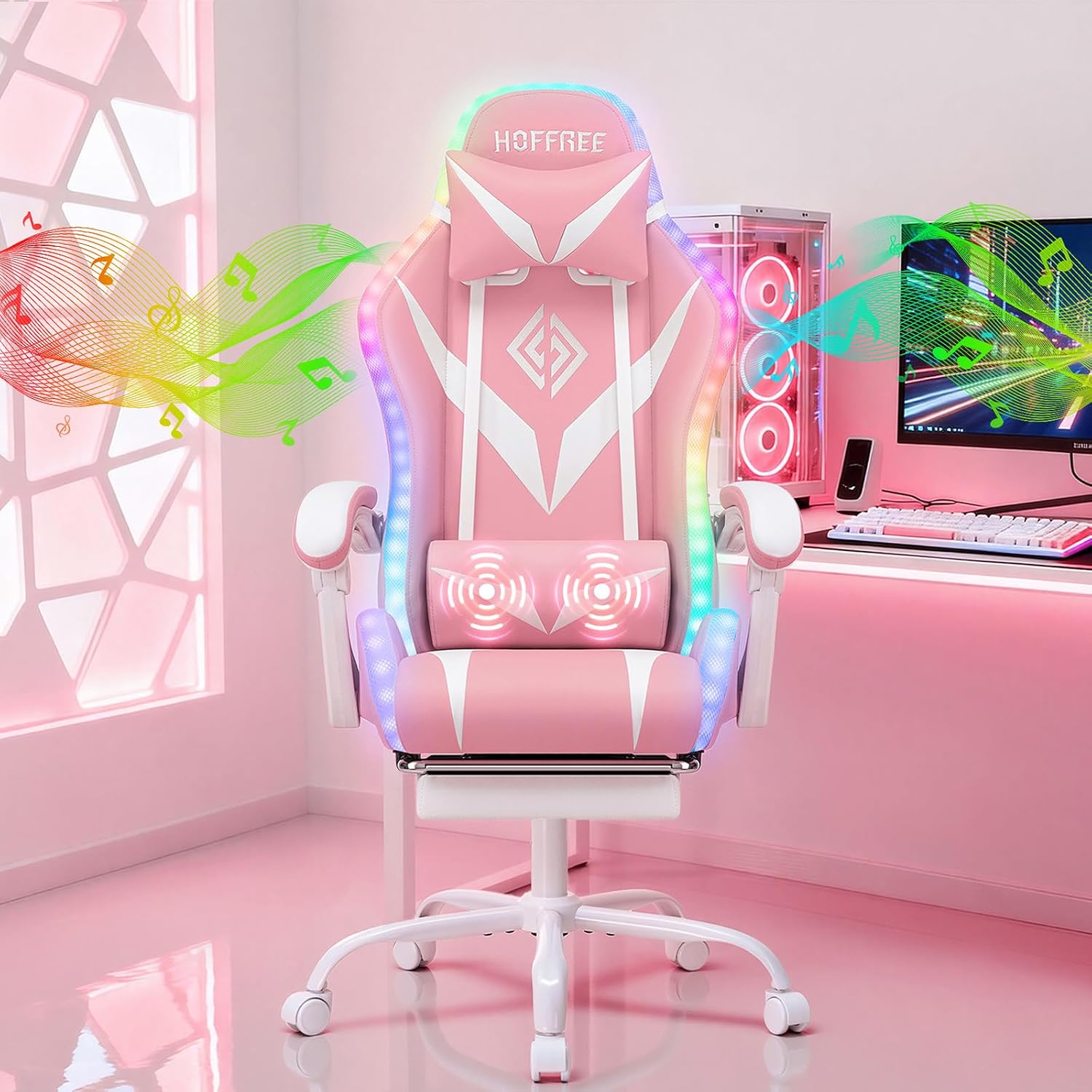HOFFREE Pink Gaming Chair Massage with Bluetooth Speakers and Led Lights Ergonomic Computer Gaming Chair with Footrest RGB Video Game Chair with High Back Lumbar Support Pink and White