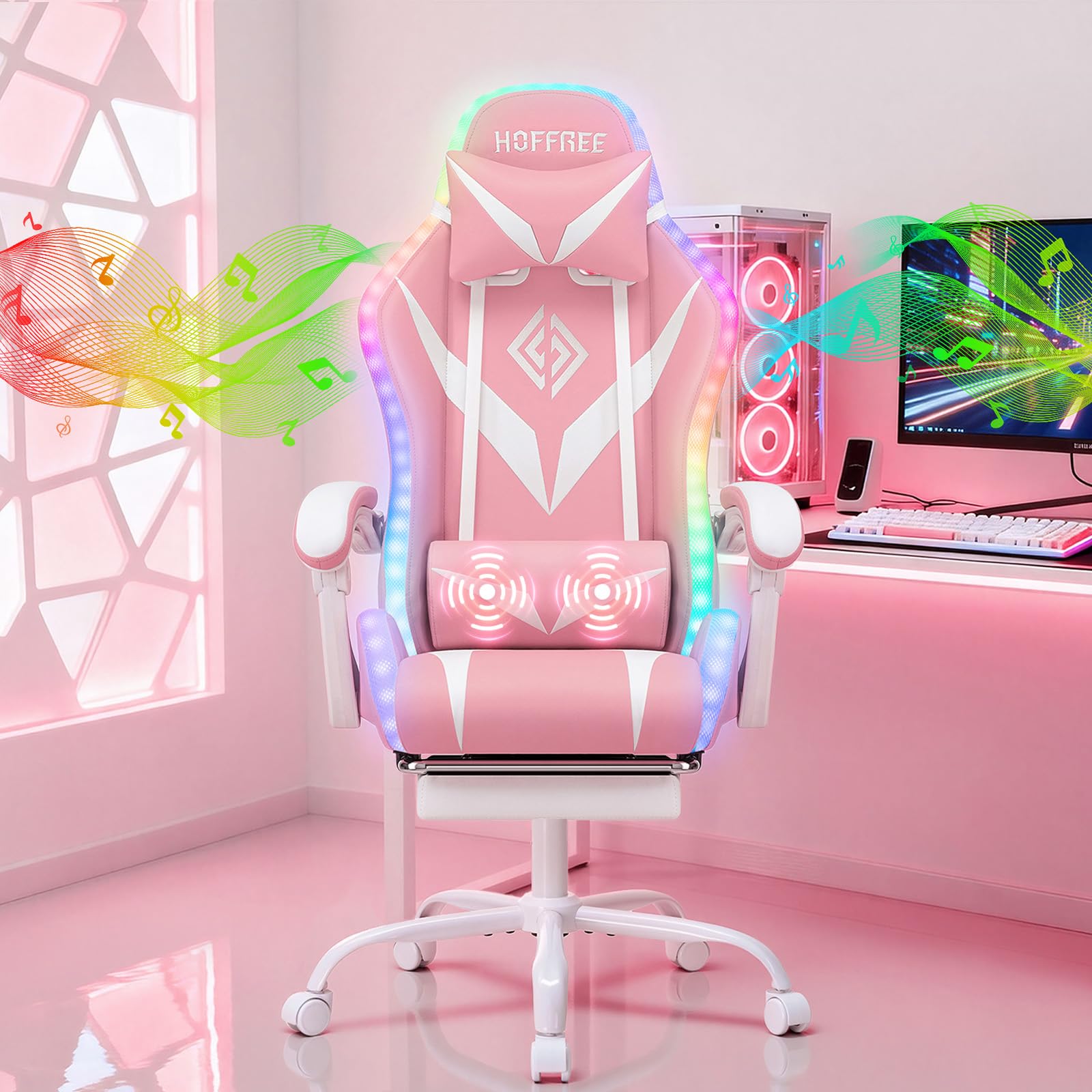 Hoffree HOFFREE Pink Gaming Chair Massage with Bluetooth Speakers and Led Lights Ergonomic Computer Gaming Chair with Footrest RGB Video Game Chair with High Back Lumbar Support Pink and White