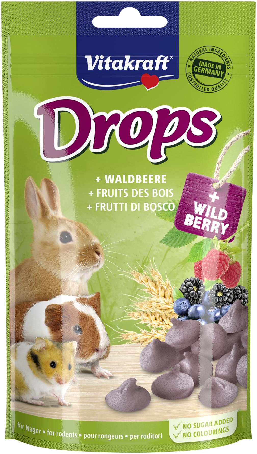 Vitakraft Drops, friandises pour rongeurs, saveur fruits des bois, nourriture pour rongeurs, sans sucre ajouté (1x 75g)