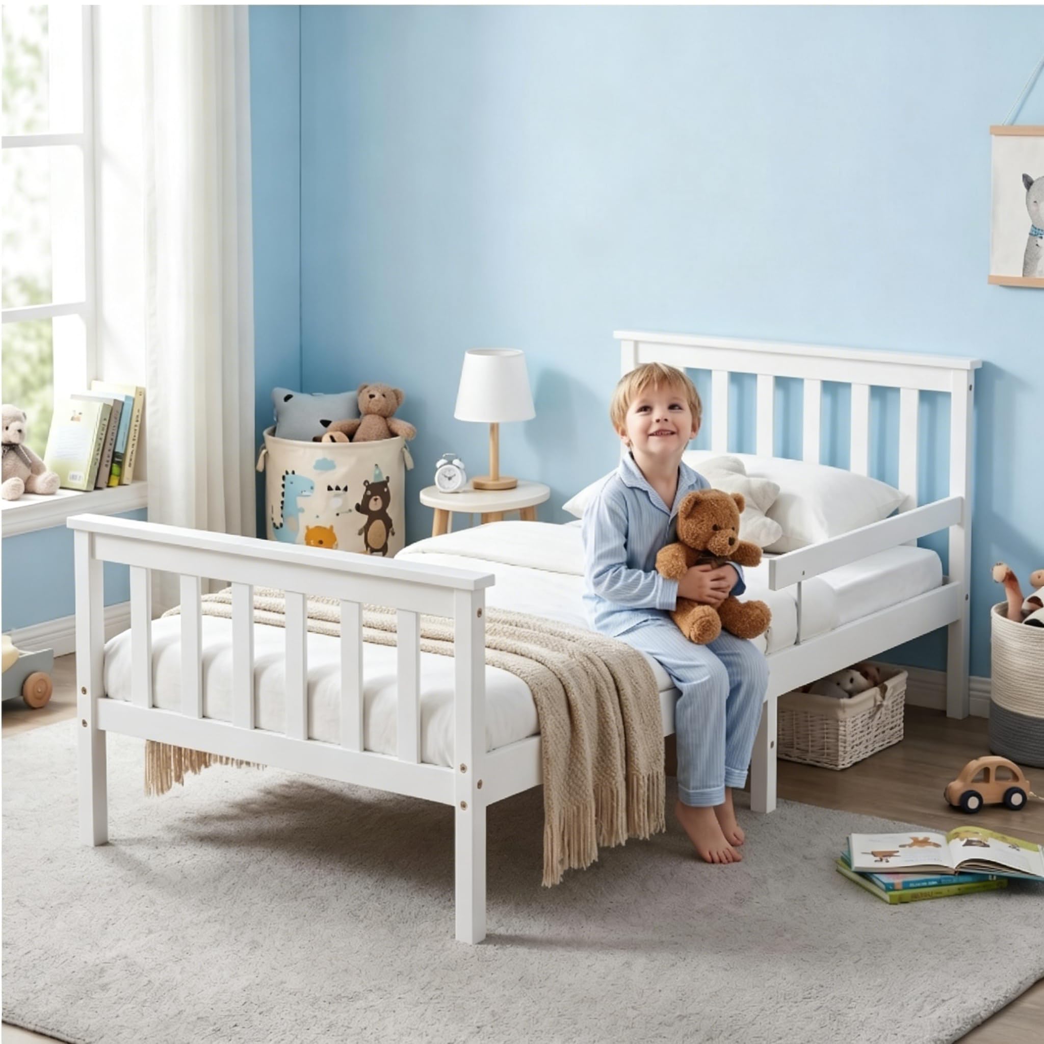 Panana Wooden Single Bed Frame with Safety Guardrail, 3ft Pine Wood Kids Bed for Children, No Box Spring Needed (White)
