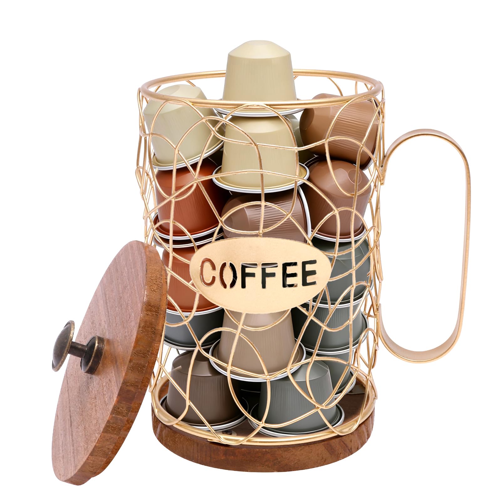 Zhjiutak Golden-1 Lid Coffee Pod Holders For Counter,Espresso Capsule Storage Basket For 50 Capsule Storage Organizer For Home Kitchen Office Counter,Round Coffee Basket Decor(Golden-1 Lid)