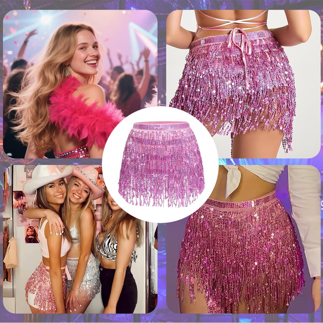 Falda de lentejuelas con borlas para danza del vientre, 4 capas, rosa
