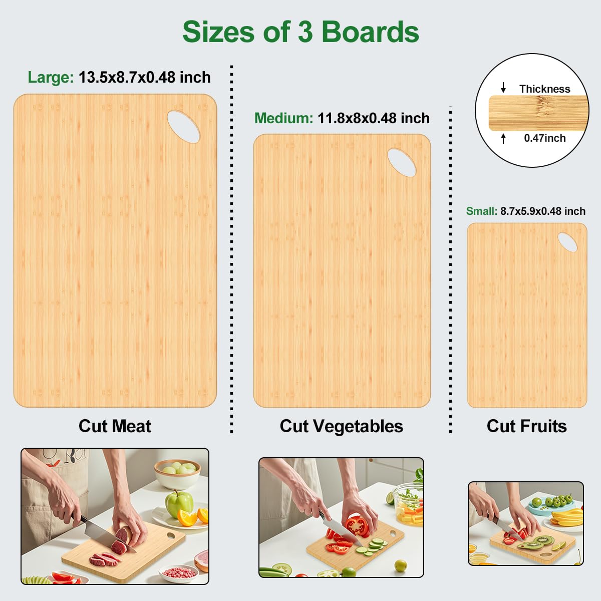 Viretang Tabla de cortar de bambú pequeña, tablas de cortar de madera para cocina, juego de 3 para carne, verduras y queso (3)