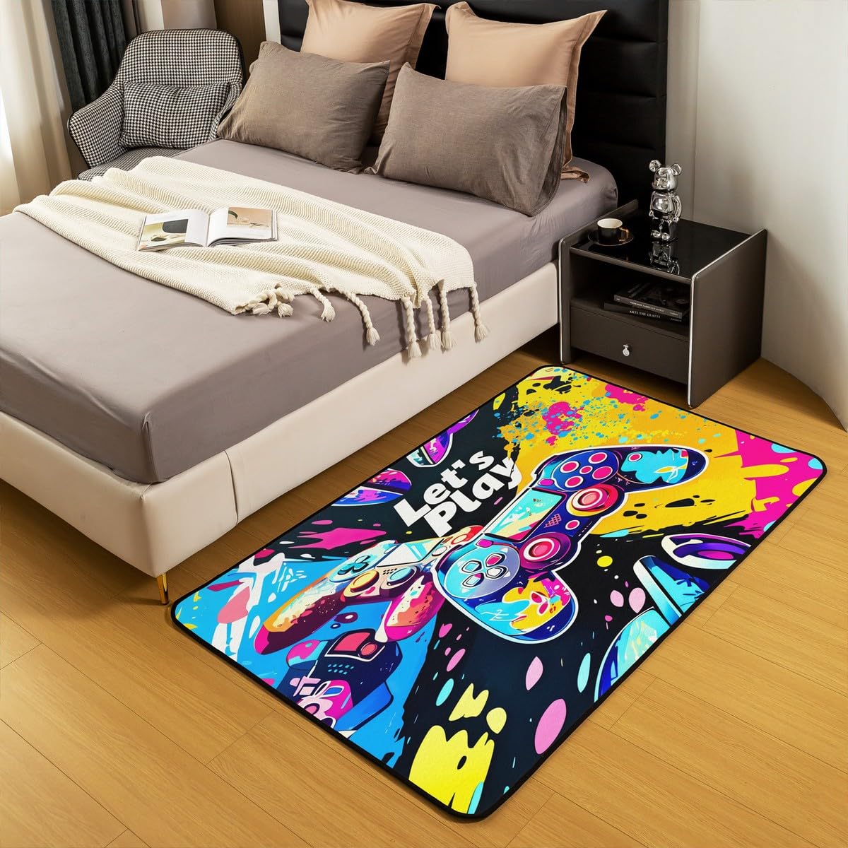 Loussiesd Dywan do salonu dla graczy, 100 x 150 cm, gamingowy dywan akcentujący dla chłopców, dziewcząt, nastolatków, nowoczesny kontroler konsoli do gier, mata podłogowa, joystick, czarno-żółta,
